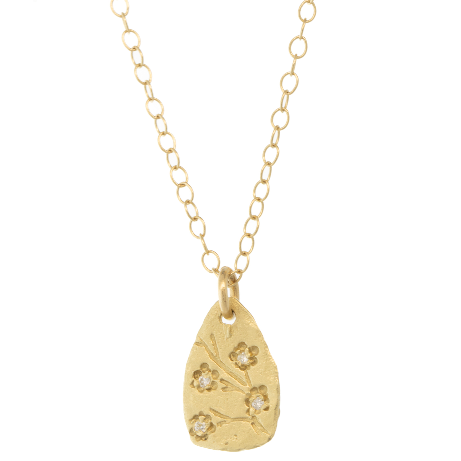 Victoria Cunningham Trunk Show: 14K Teardrop Cherry Blossom, Chain measures 16 1/2", Pendant measures 1/2" x 5/16" including bail
