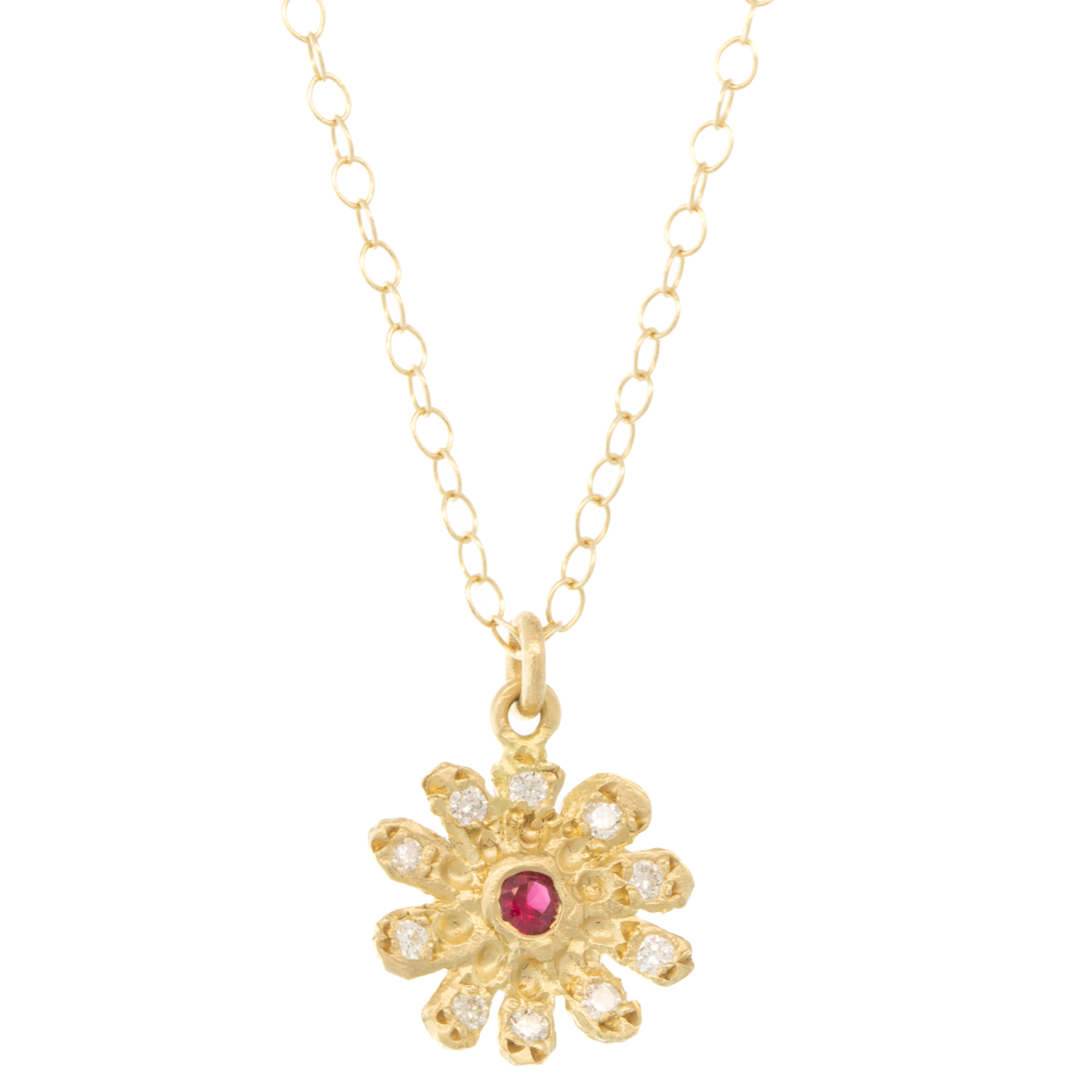 Victoria Cunningham Trunk Show : Necklace,14k Yellow Gold,Tiny daisy with diamond petals and ruby