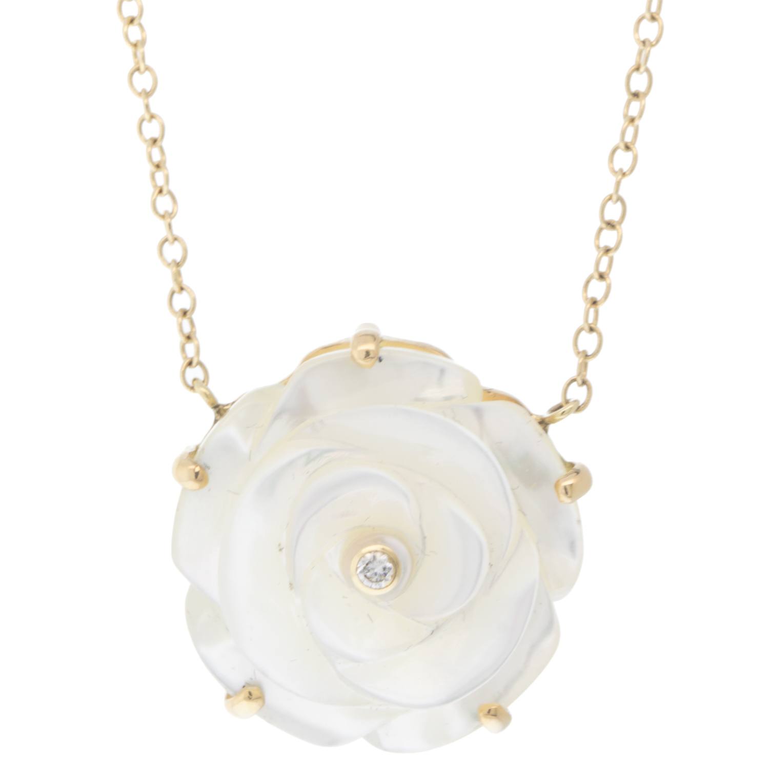 Jamie Joseph : 14K Gold Necklace w/ Large Hand Carved MOTHER OF PEARL Flower & .025 ct Diamond in Multi Prongs (18")