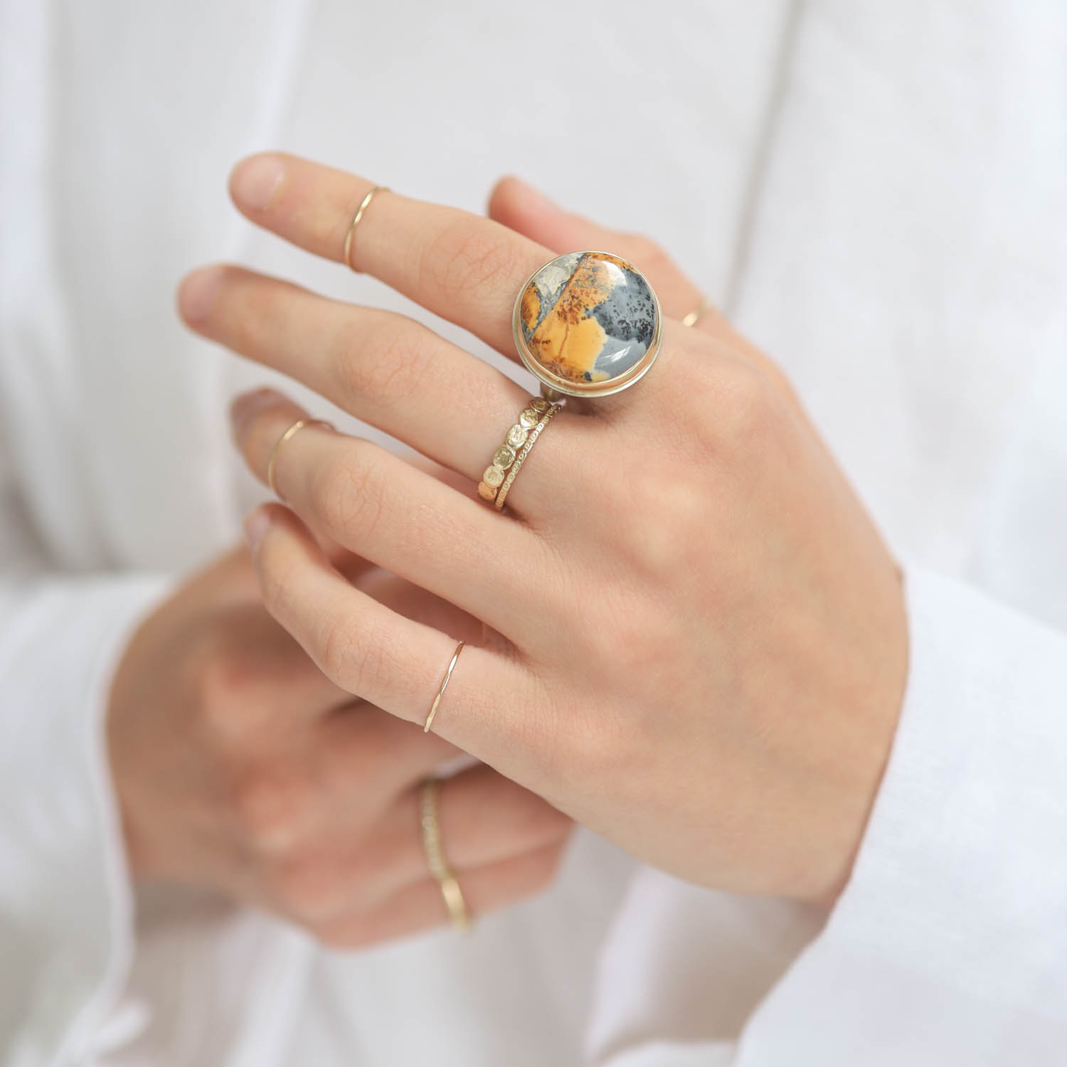 Jamie Joseph: Round Maligano Jasper, Sterling & 14k gold ring, Groovy Band, size 7.25