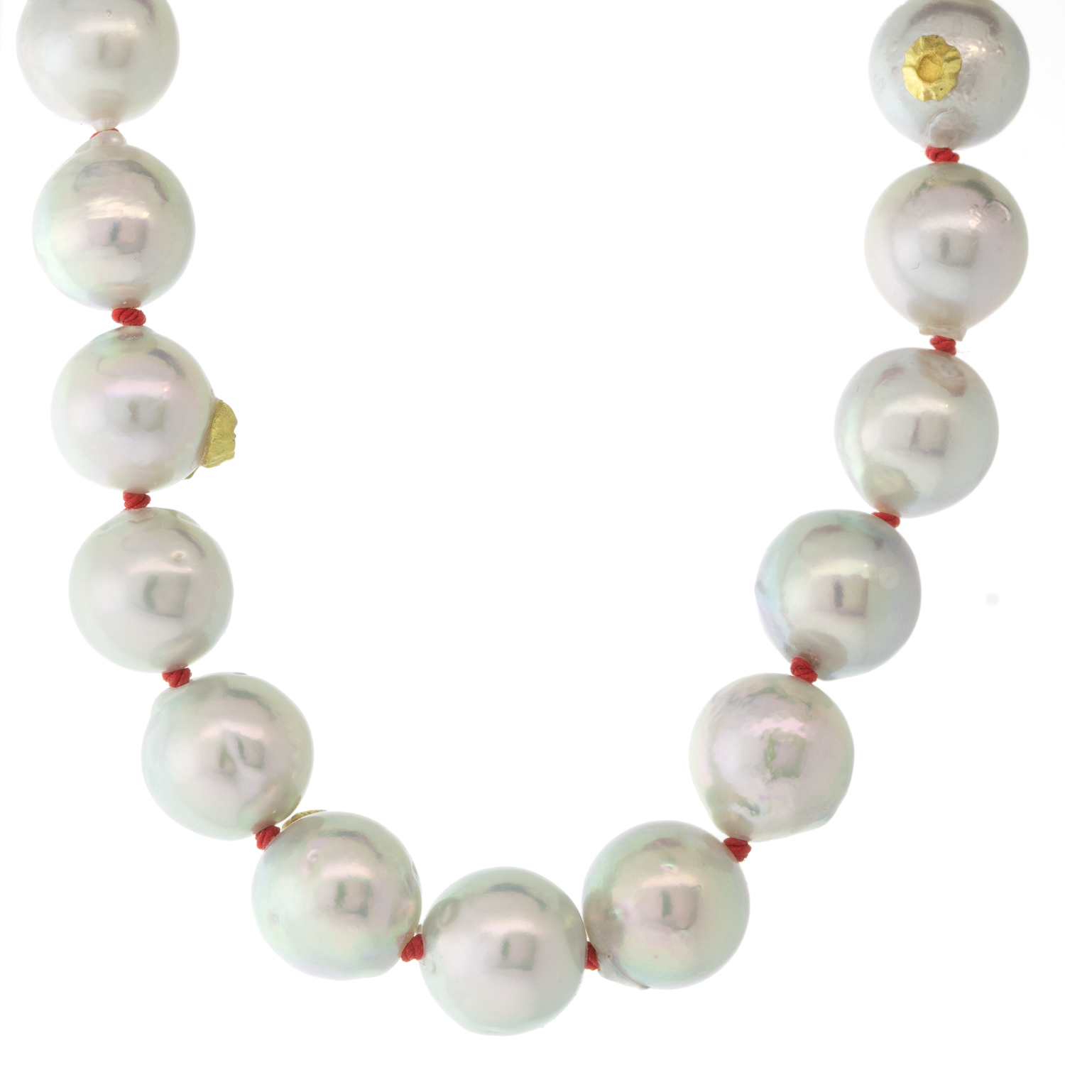 Hannah Blount : Akoya Grey Blue Pearl Necklace, Red Silk, 18k gold, 18"