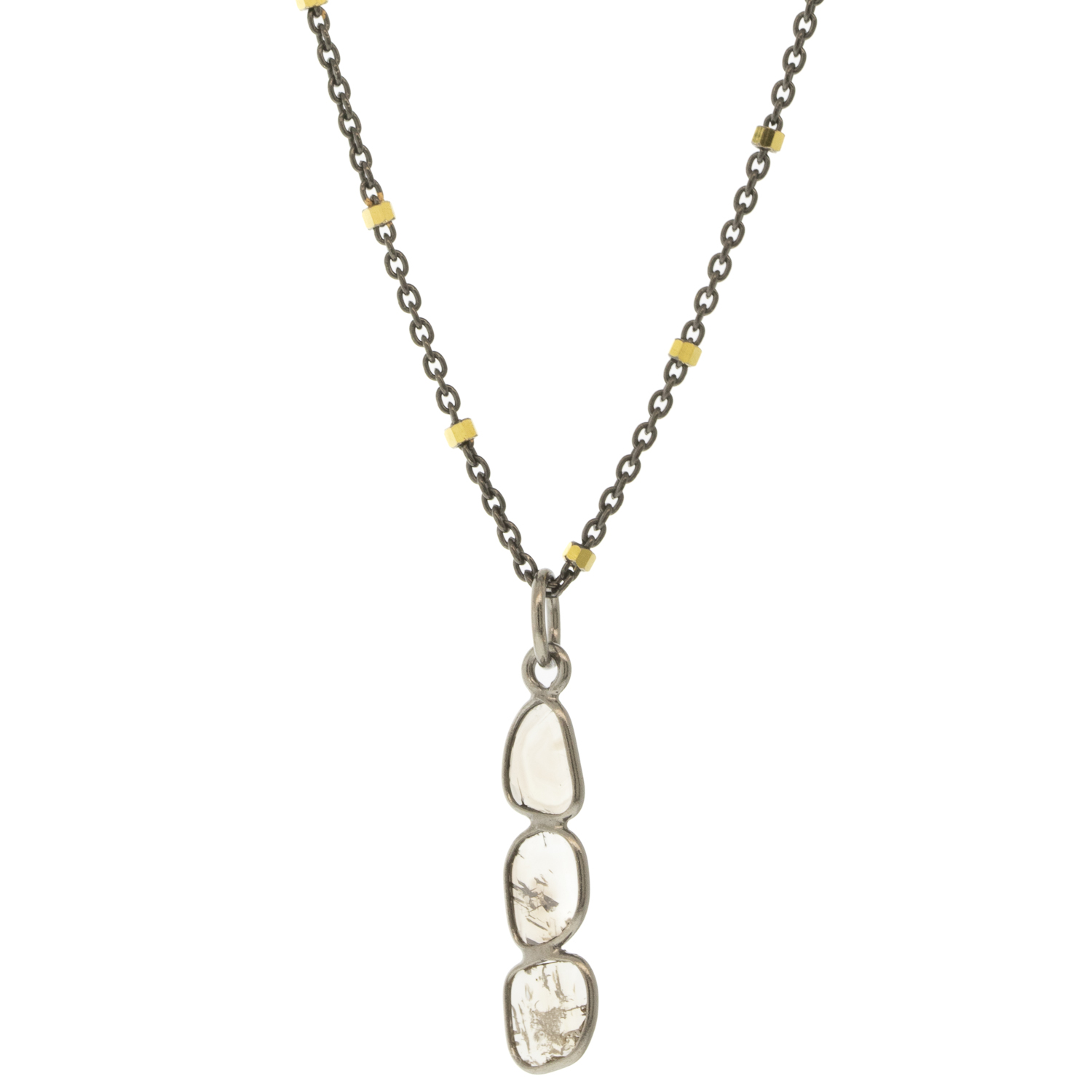 Robindira Unsworth: Necklace, Oxidized SS, 14K Gold Vermeil, 3 Diamond Slice Vertical Pendant 7/8" x 2/16" including bail, Oxidized Chain 18", Petite Gold Beads