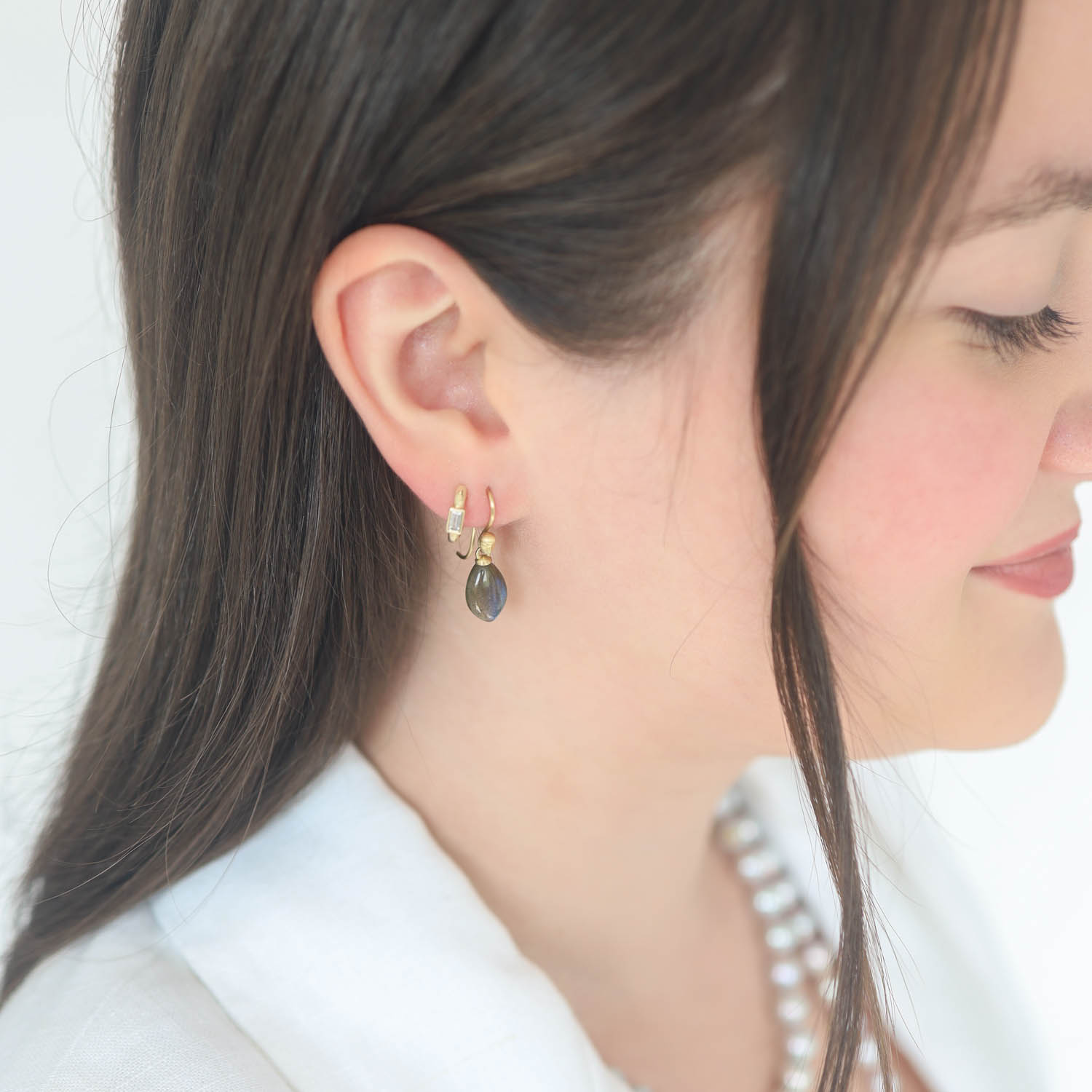 Hannah Blount : Labradorite Petal Figurehead Cameo Earrings, 18K Gold, 1 1/8" x 5/16"