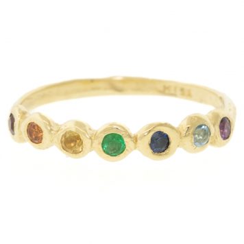 Misa Jewelry:  Tauri Rainbow Ring, 14kyg, red garnet/ orange sapphire/ citrine/ emerald/ blue sapphire/ blue topaz/ amythyst sz. 6.5, measures 1/8" at widest point