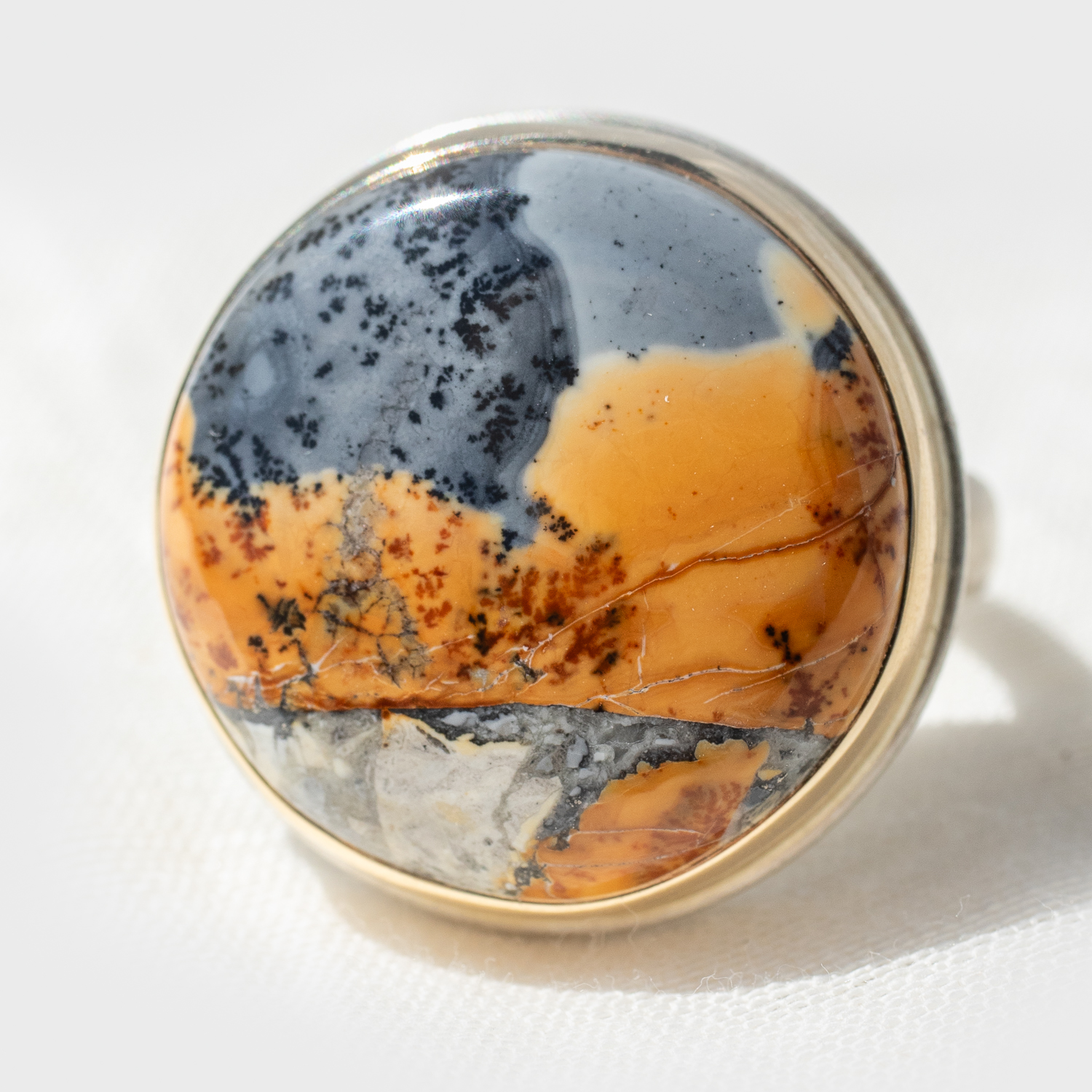 Gold and silver ring with Maligano Jasper by jewelry designer Jamie Joseph
