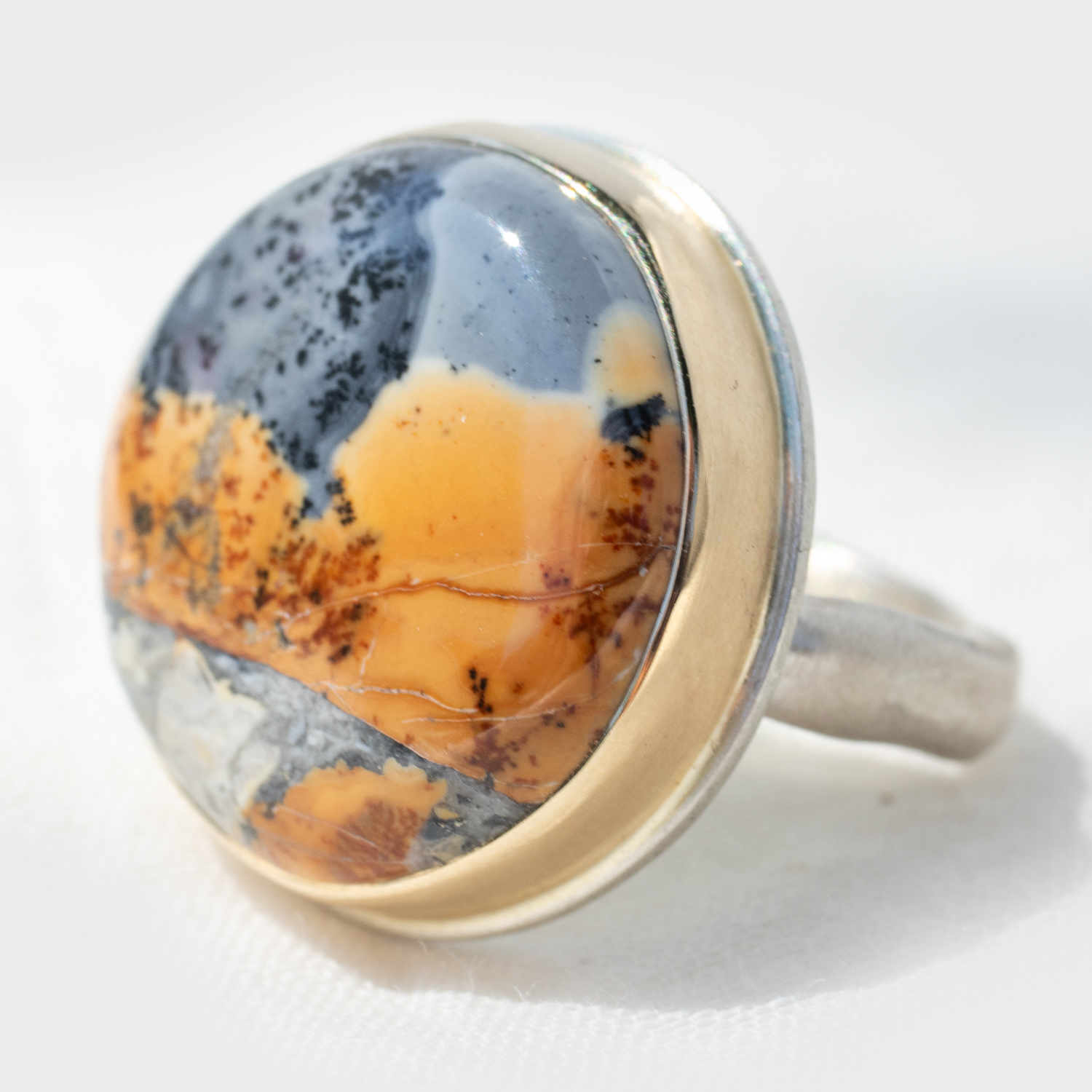 Jamie Joseph: Round Maligano Jasper, Sterling & 14k gold ring, Groovy Band, size 7.25