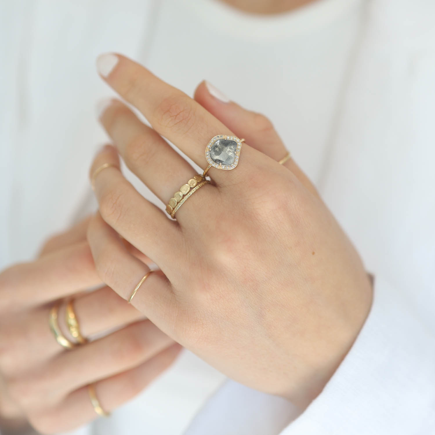 Celine Daoust: Ring, Diamond Slice, Rosecut, Surrounded with diamonds, 14k yg
