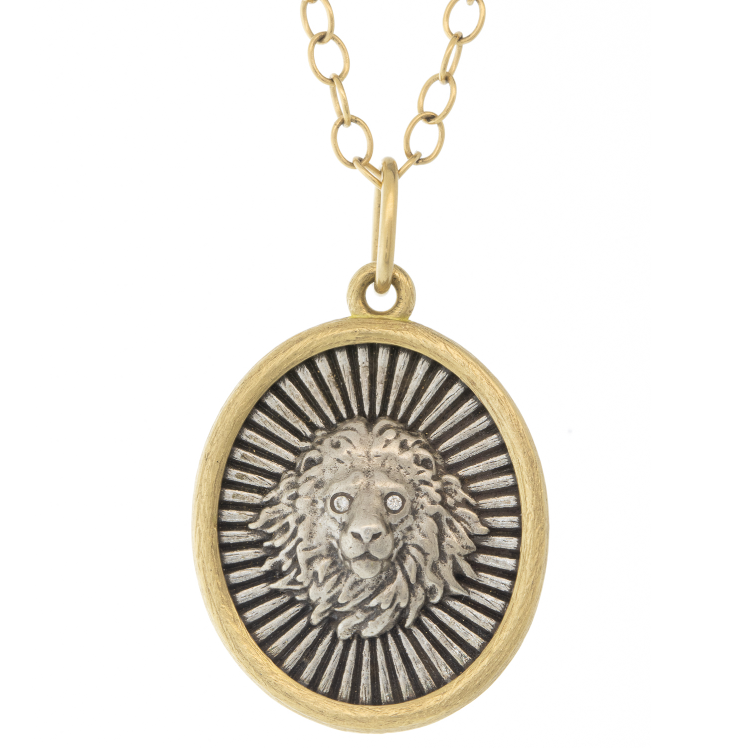 Erica Molinari: Charm, Oval, Diamond Eyes, .010 TCW, Lion, Small size 1 1/4 x 3/4 including bail, Sterling Silver, 18K Gold. "Fierce"