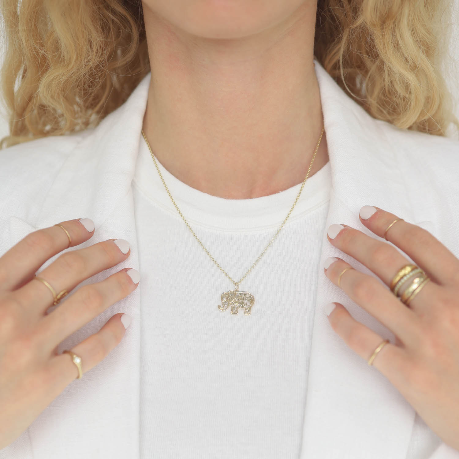 Sydney Evan: Necklace, Icon wallpaper elephant charm, 14kyg, 16-18"