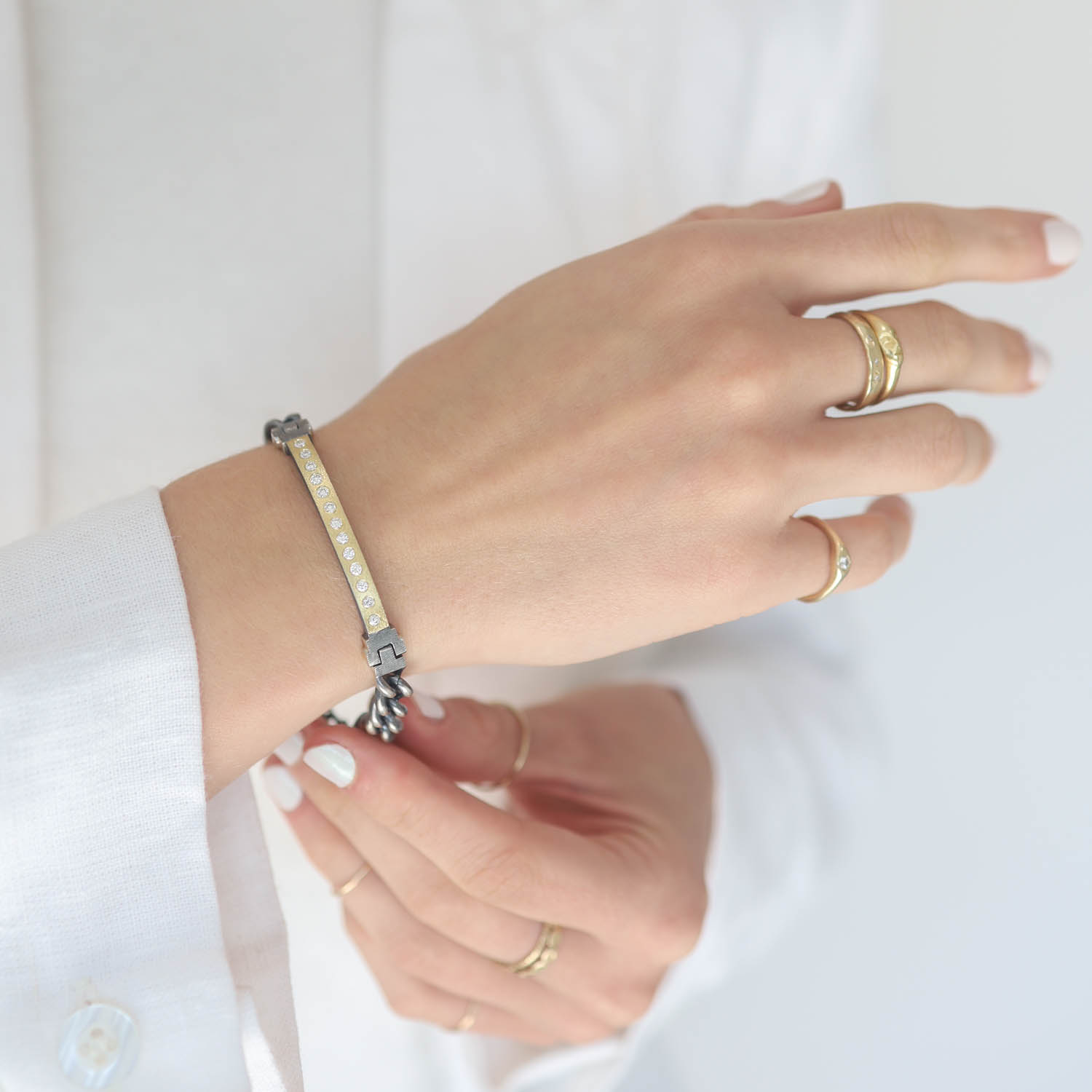 Rene Escobar : ID Bar Bracelet, CHANTAL, 4mm, YG, .55ct Diamonds, Med
