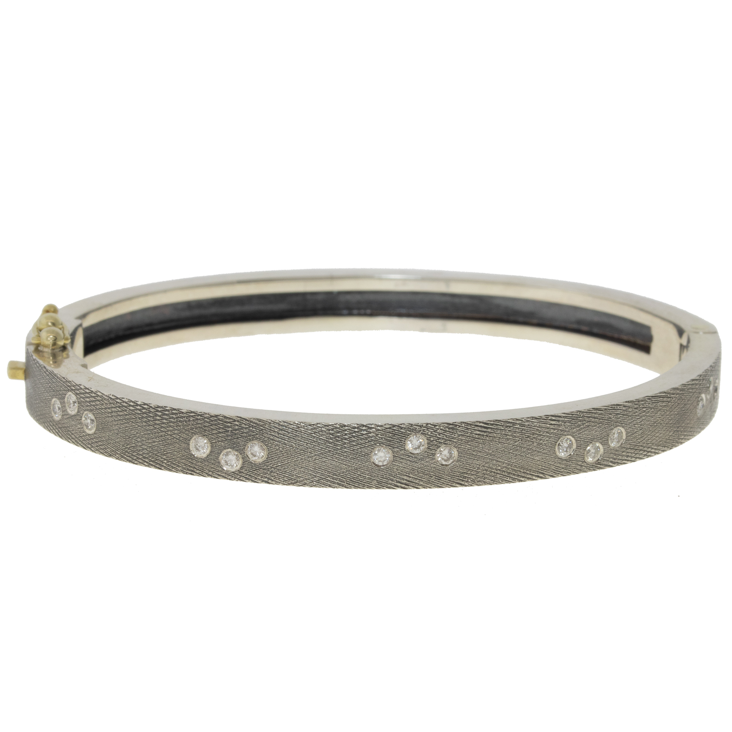 Rene Escobar: Bangle, MARU, 6mm in width, Oxidized sterling silver front & back, FIVE diamond clusters Diamonds .38, Size medium.