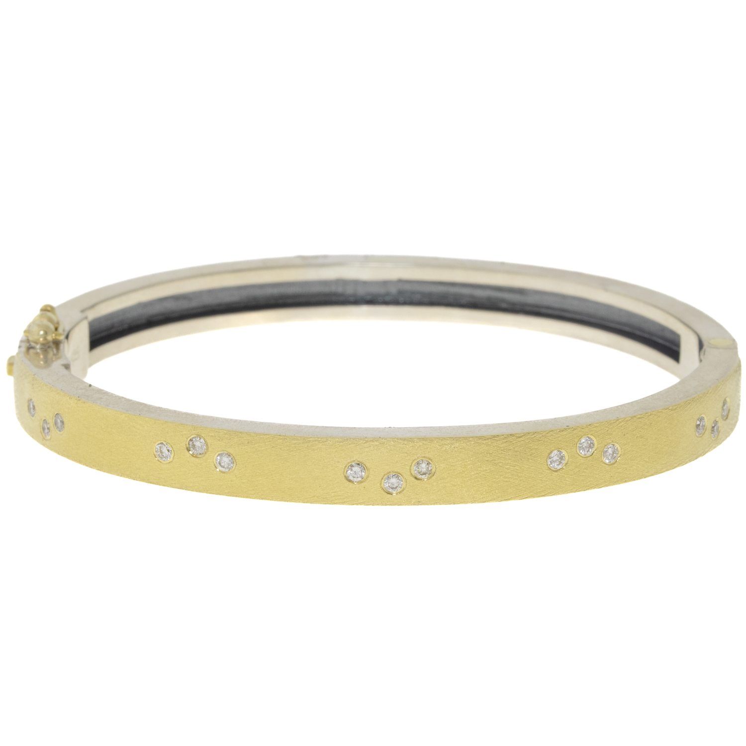 Rene Escobar: Bangle, MARU, 6mm in width, Yellow Gold front, Oxidized sterling silver back, FIVE diamond clusters Diamonds .38, Size medium.