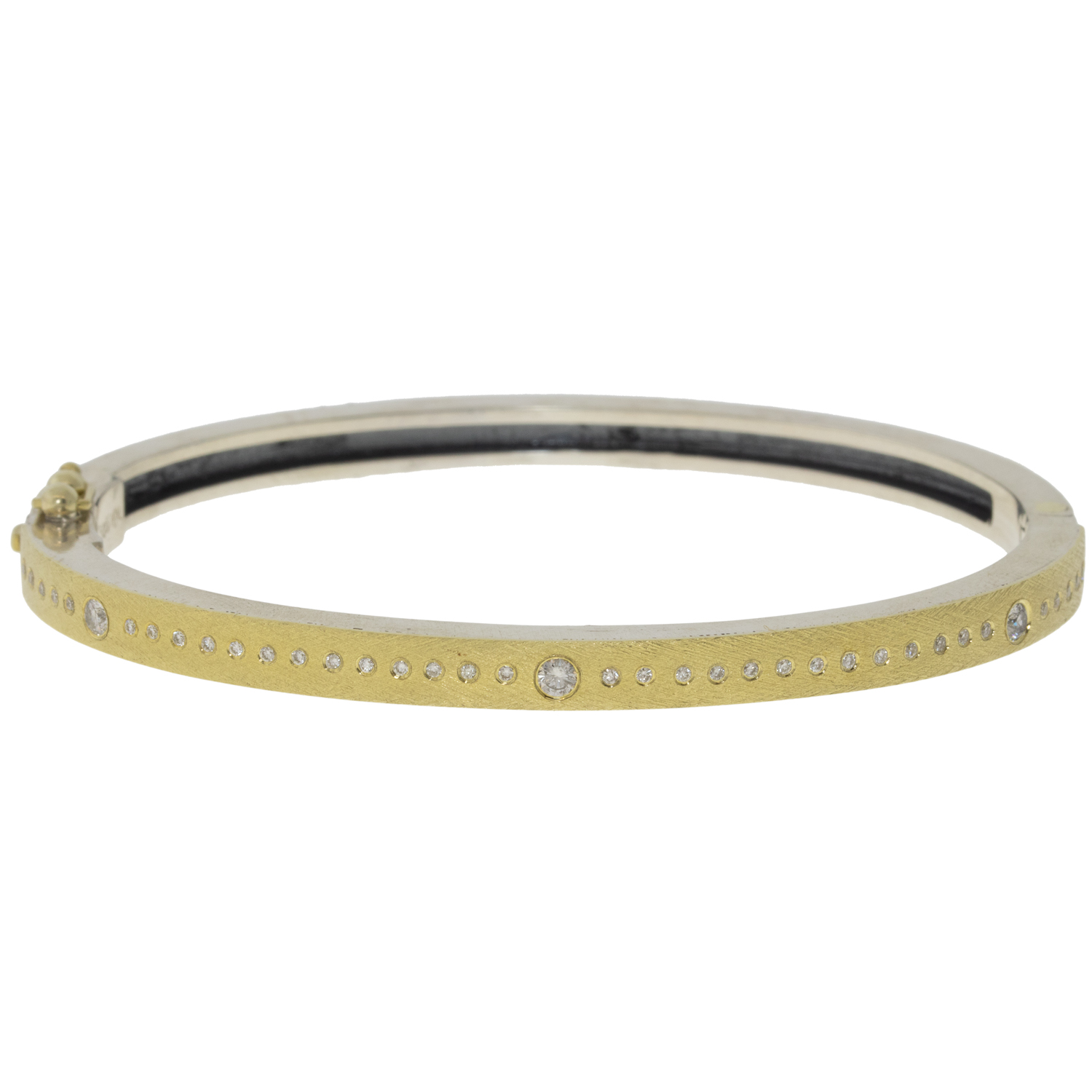 Rene Escobar: Bangle, MERIDIAN, 4mm in width, Yellow Gold front, Oxidized sterling silver back, Diamonds, Size medium.