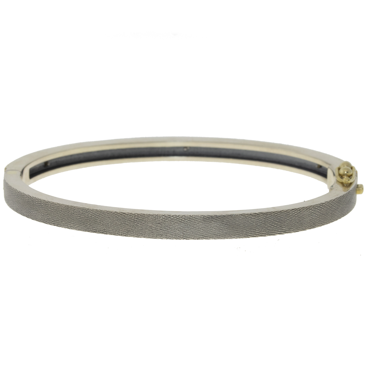 Rene Escobar: Bangle, MERIDIAN, 4mm in width, Yellow Gold front, Oxidized sterling silver back, Diamonds, Size medium.