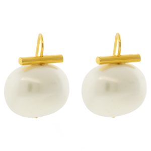 Catherine Canino: Polished 14k Gold Over Brass Hand Cast LARGE WHITE Pebble Mother of Pearl, 1" x 3/4" including earwire