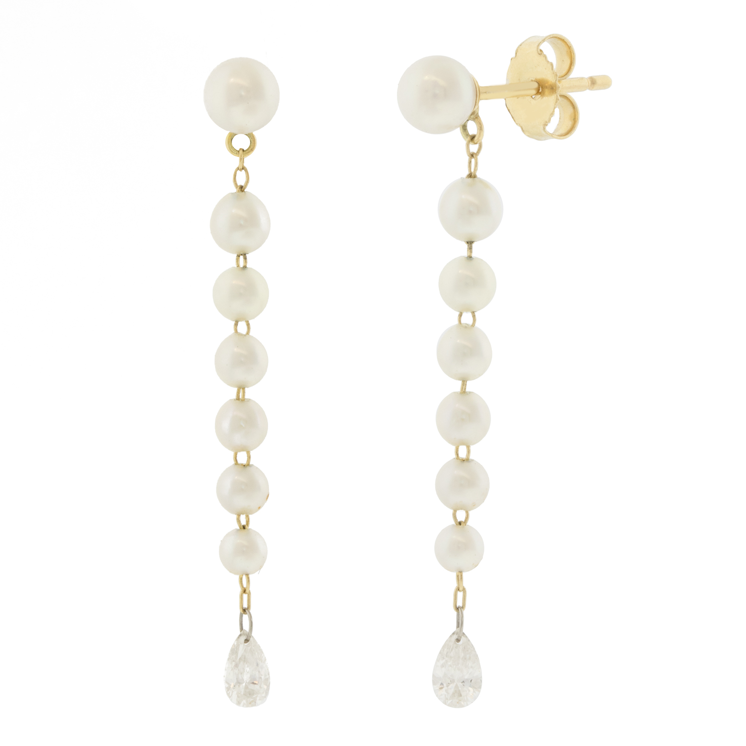 Mizuki: Earrings, white akoya pearl chain with pear diamond .2ct
