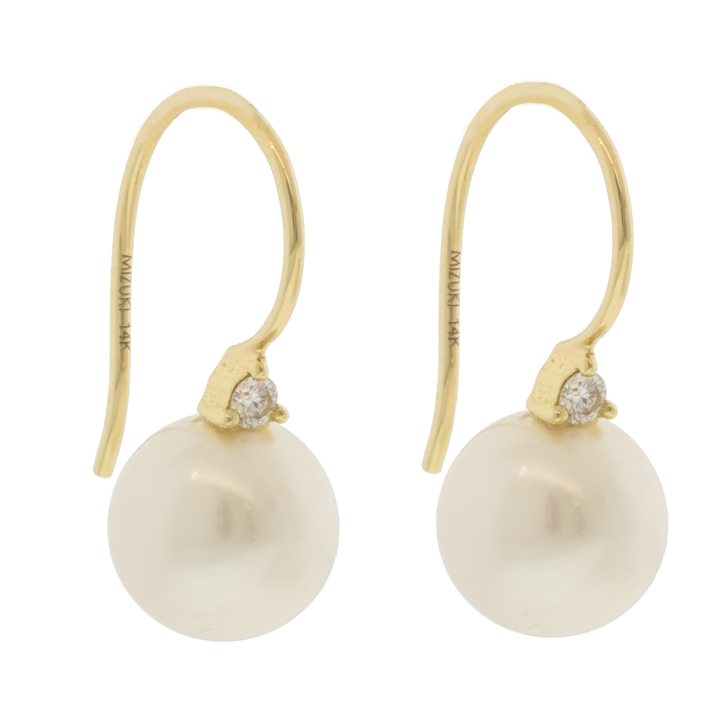 Mizuki: Earrings, 14kt, round freshwater pearl on large diamond earwire, .06ct