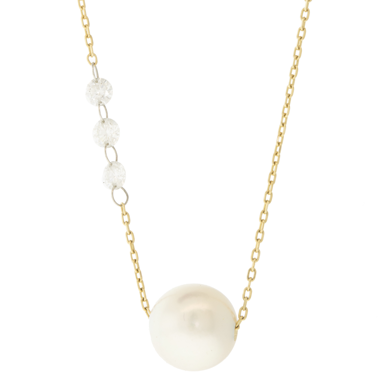 Mizuki: 14K Necklace, Diamond and sliding akoya pearl, .24ct, 22"