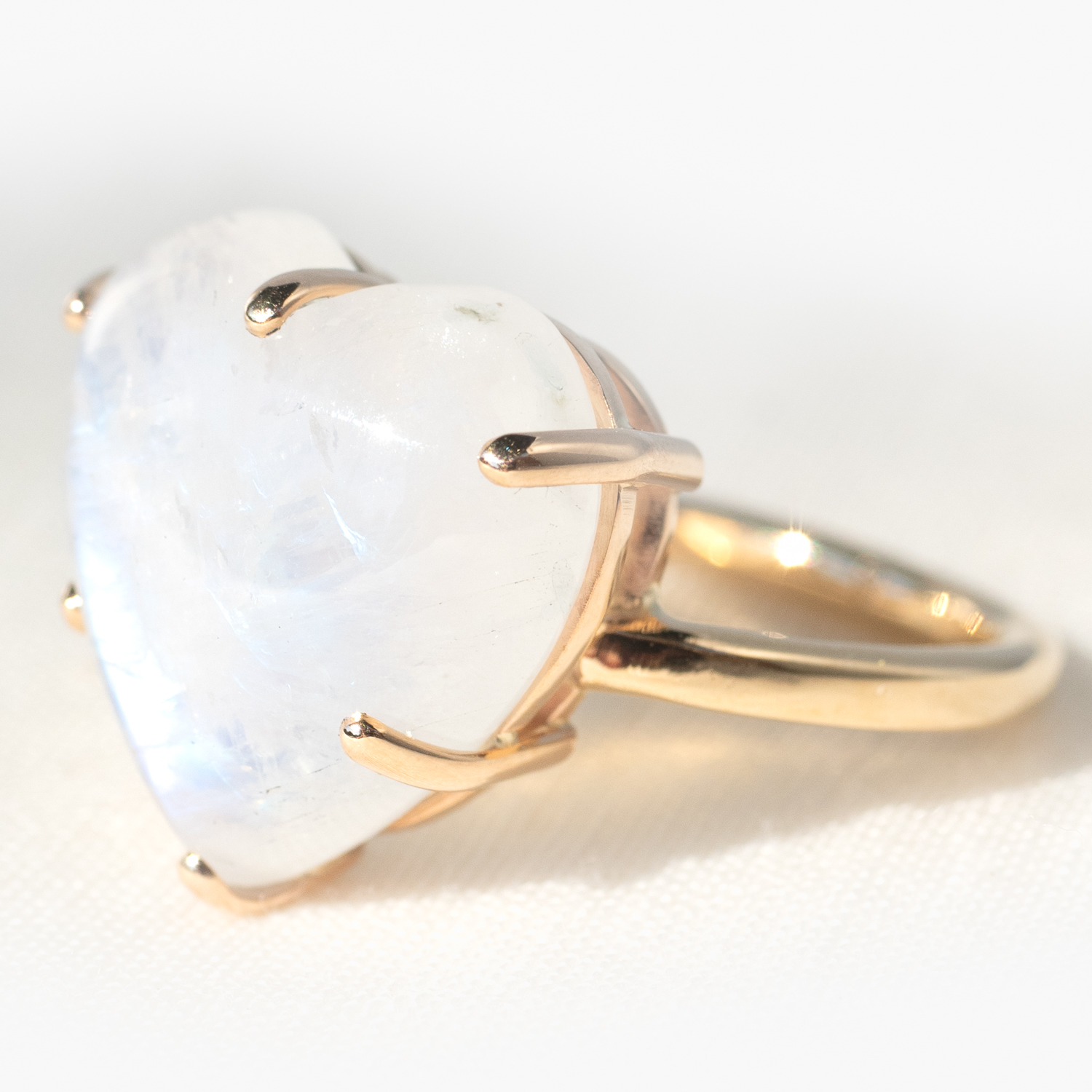 Jamie Joseph: Ring, SS, 14K Gold, Double Prong Ring, Hand Carved White Rainbow Moonstone, Sand Band