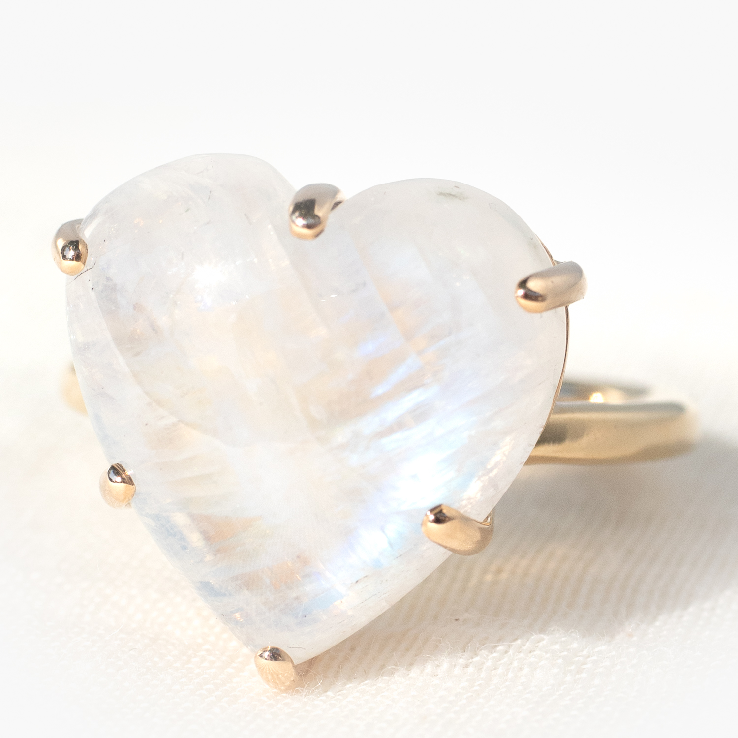 Jamie Joseph: Ring, SS, 14K Gold, Double Prong Ring, Hand Carved White Rainbow Moonstone, Sand Band