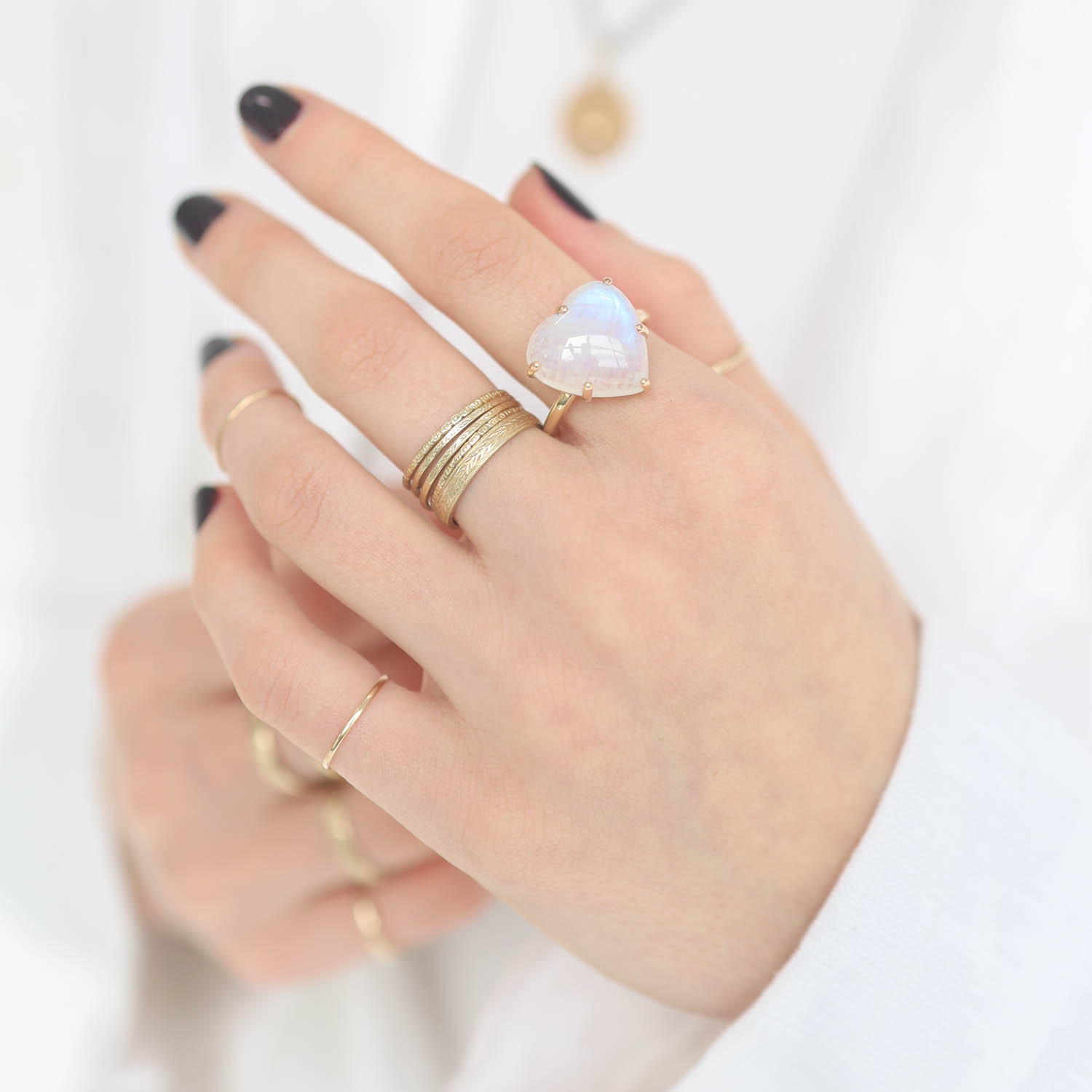 Jamie Joseph: Ring, SS, 14K Gold, Double Prong Ring, Hand Carved White Rainbow Moonstone, Sand Band