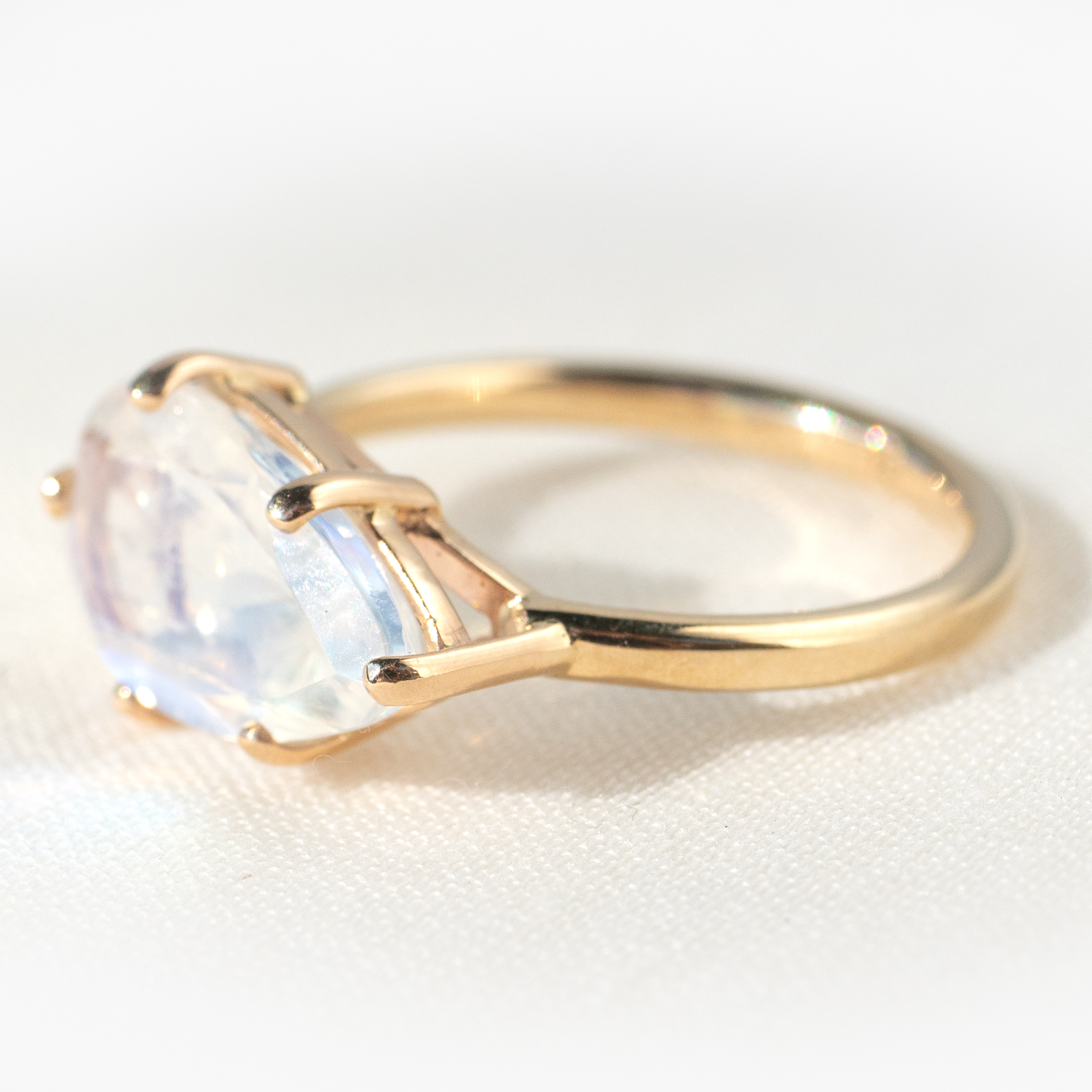 Jamie Joseph: 14K Gold Double Bearing Prong Ring w/ Teardrop Table Up WHITE RAINBOW MOONSTONE on Sand Band
