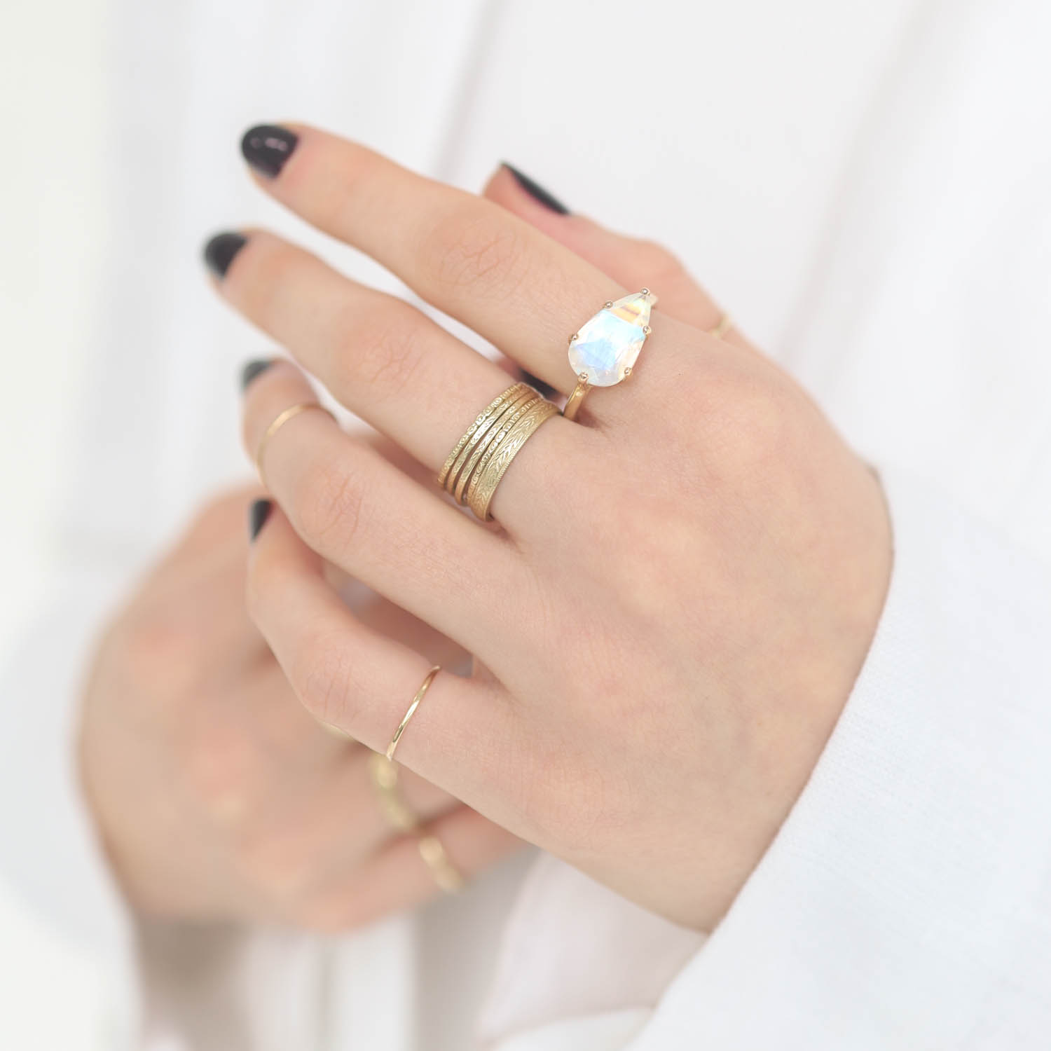 Jamie Joseph: 14K Gold Double Bearing Prong Ring w/ Teardrop Table Up WHITE RAINBOW MOONSTONE on Sand Band
