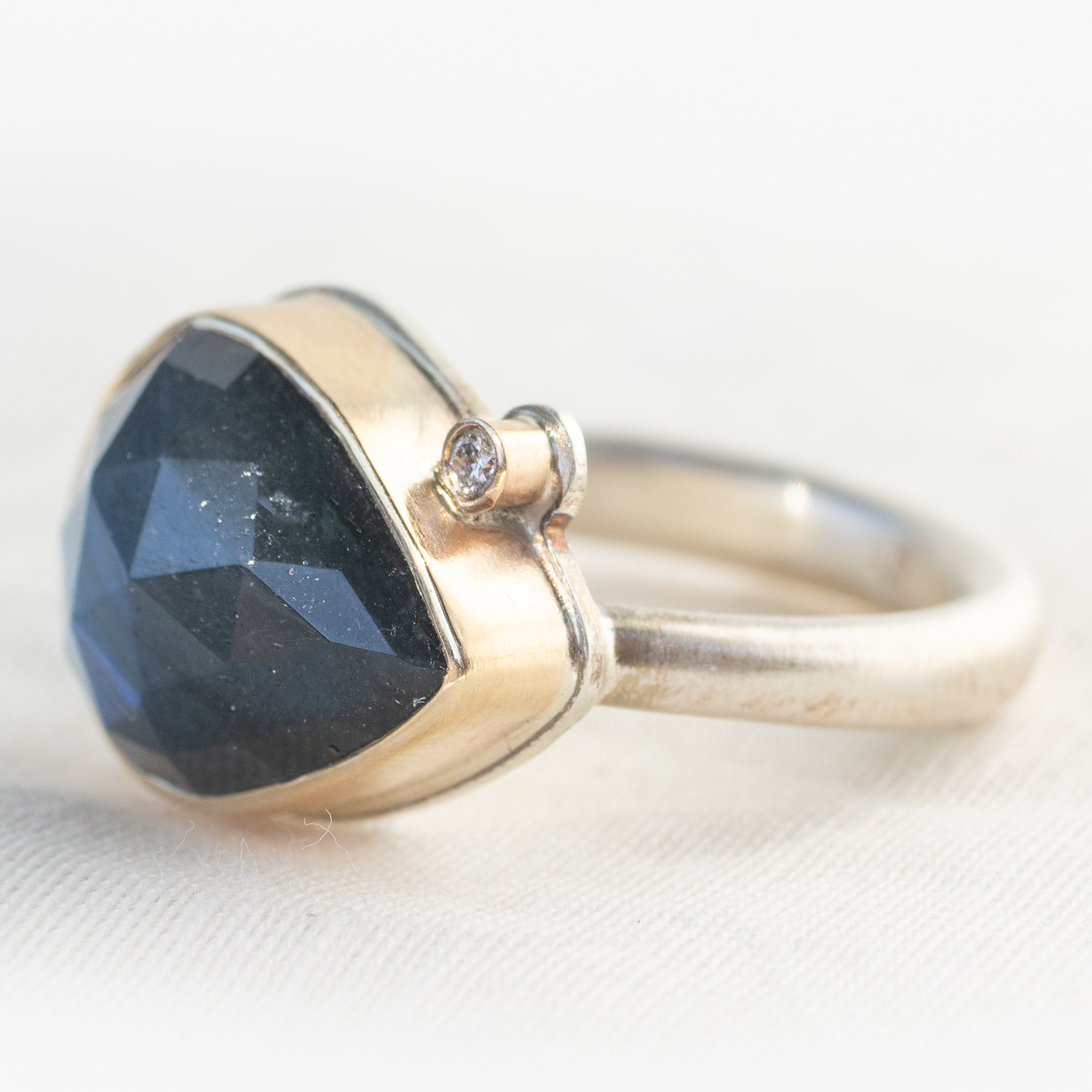 Jamie Joseph: Labradorite, SS & 14k Gold Ring, Small teardrop Rose Cut & .025 TCW satellite diamond on Egyptian Band, size 7.25 7/16" x 9/16"