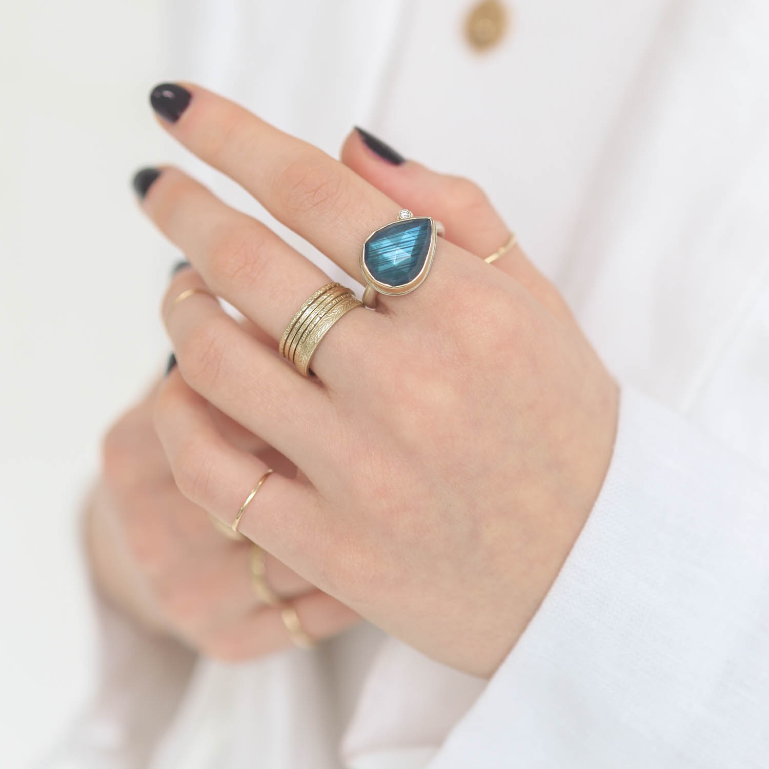Jamie Joseph: Labradorite, SS & 14k Gold Ring, Small teardrop Rose Cut & .025 TCW satellite diamond on Egyptian Band, size 7.25 7/16" x 9/16"