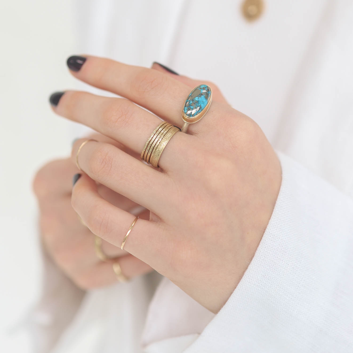 Jamie Joseph: Sterling & 14K Gold Ring w/ Small Oval PERSIAN TURQUOISE on Egyptian Band