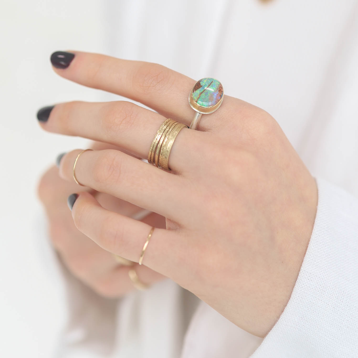 Jamie Joseph: Sterling & 14K Gold Ring w/ Small Oval OPALIZED WOOD on Egyptian Band, Size 7