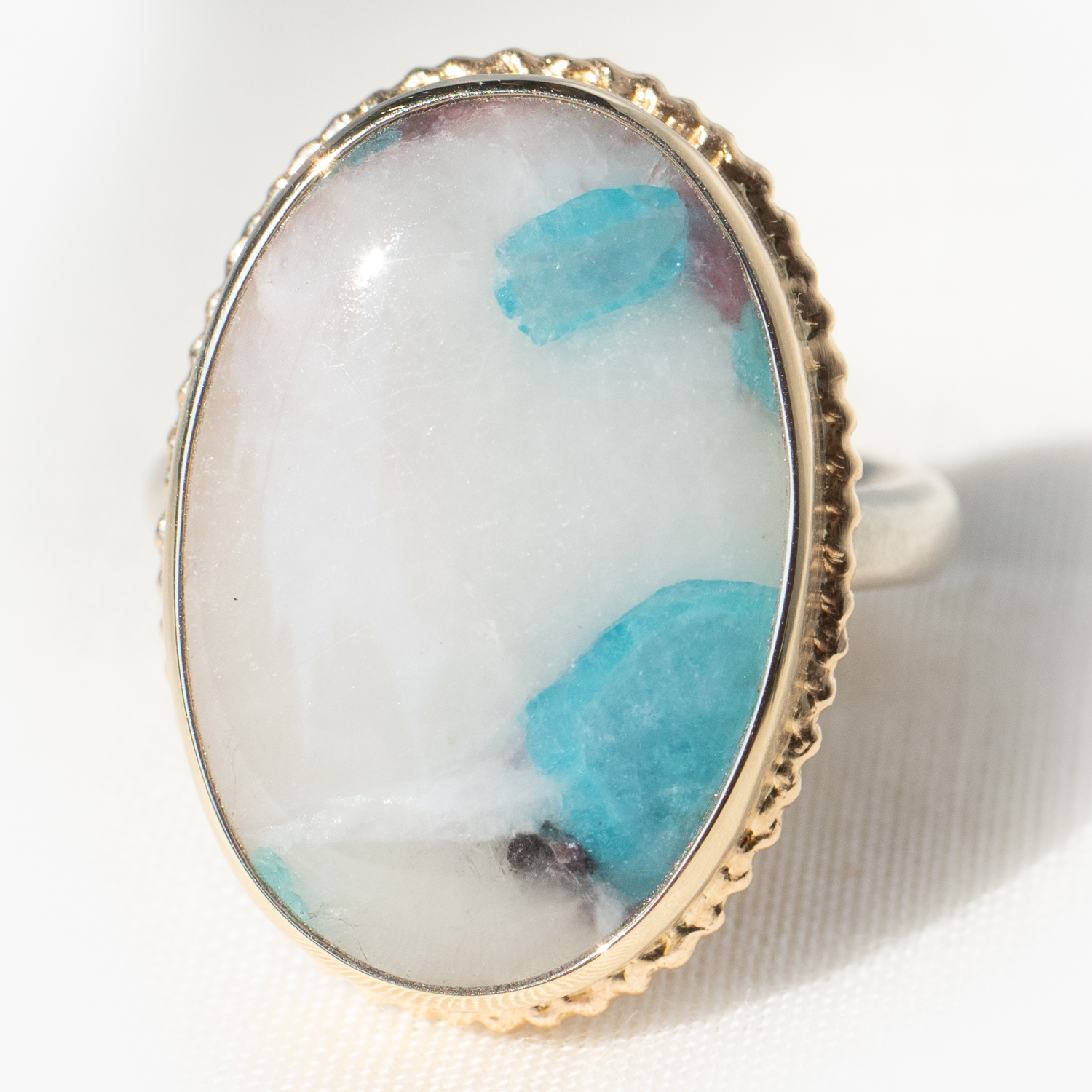 Jamie Joseph: Ring, SS, 14K Gold, Vertical Oval Paraiba in Quartz, Ruffled Platform, Egyptian Band