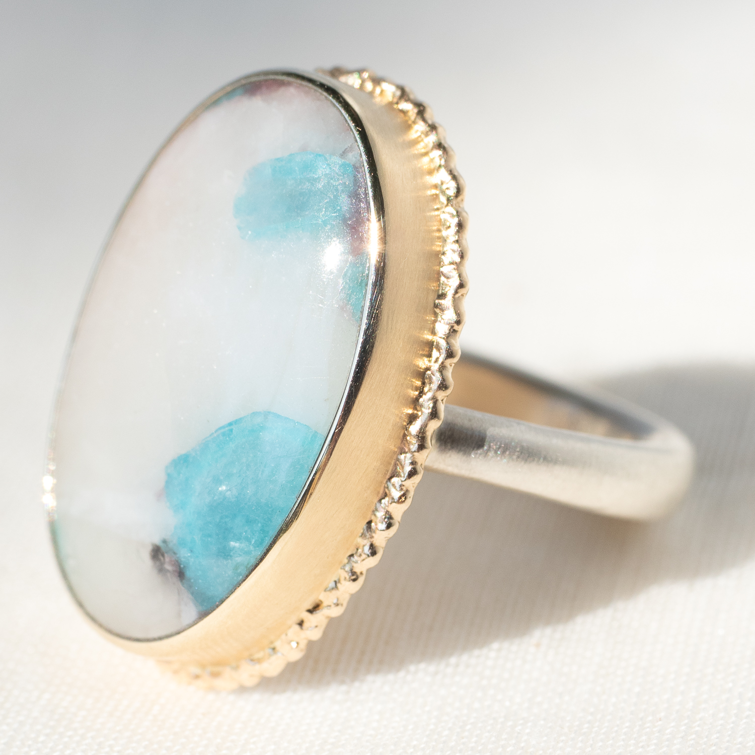 Jamie Joseph: Ring, SS, 14K Gold, Vertical Oval Paraiba in Quartz, Ruffled Platform, Egyptian Band