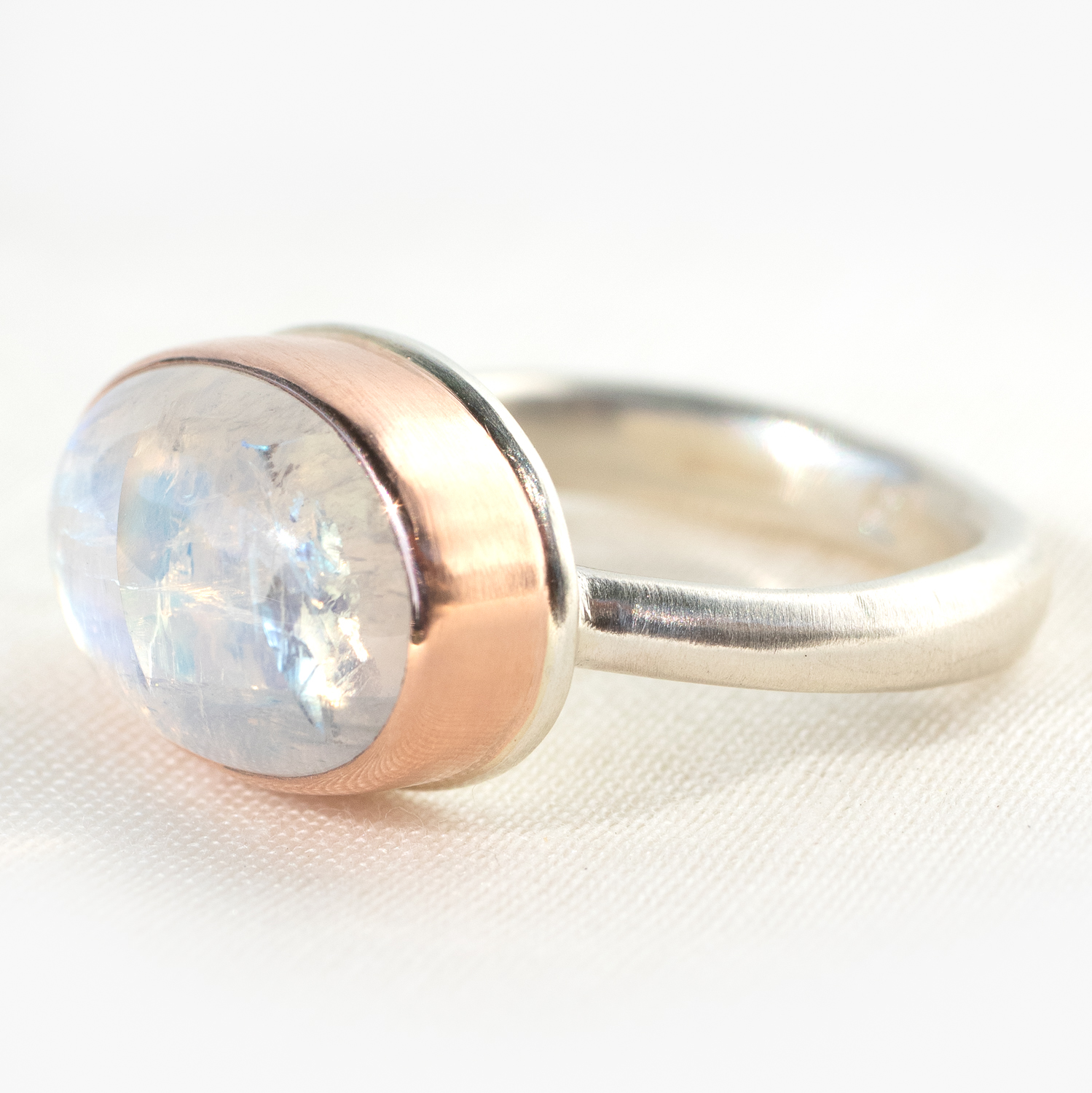 Jamie Joseph: Sterling & 14K Rose Gold Ring w/ Small Oval Smooth WHITE RAINBOW MOONSTONE on Egyptian Band