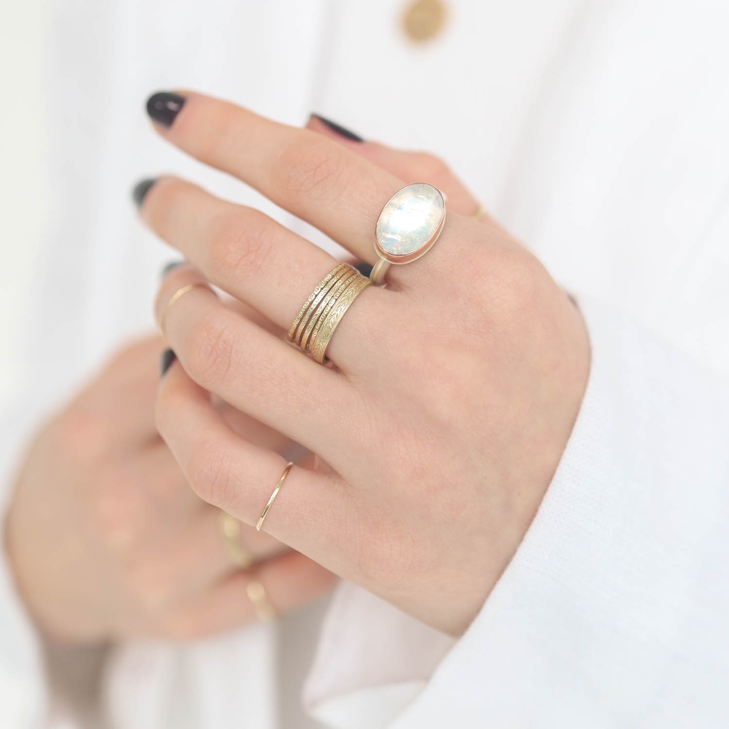 Jamie Joseph: Sterling & 14K Rose Gold Ring w/ Small Oval Smooth WHITE RAINBOW MOONSTONE on Egyptian Band