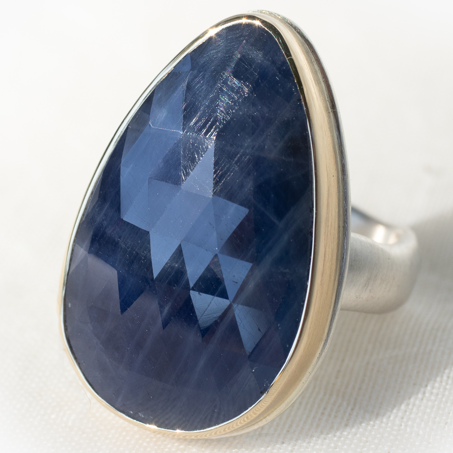 Jamie Joseph: Ring, SS, 14K Gold, Vertical Teardrop Rose Cut Blue Sapphire, Groovy Band