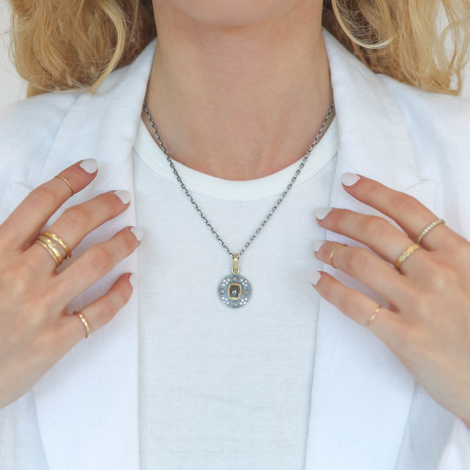 Rene Escobar Trunk Show: PENDANT IN SILVER YELLOW GOLD AND DIAMOND 1.40CT ROSE CUT DIA 0.70CT WH & CH DIA
