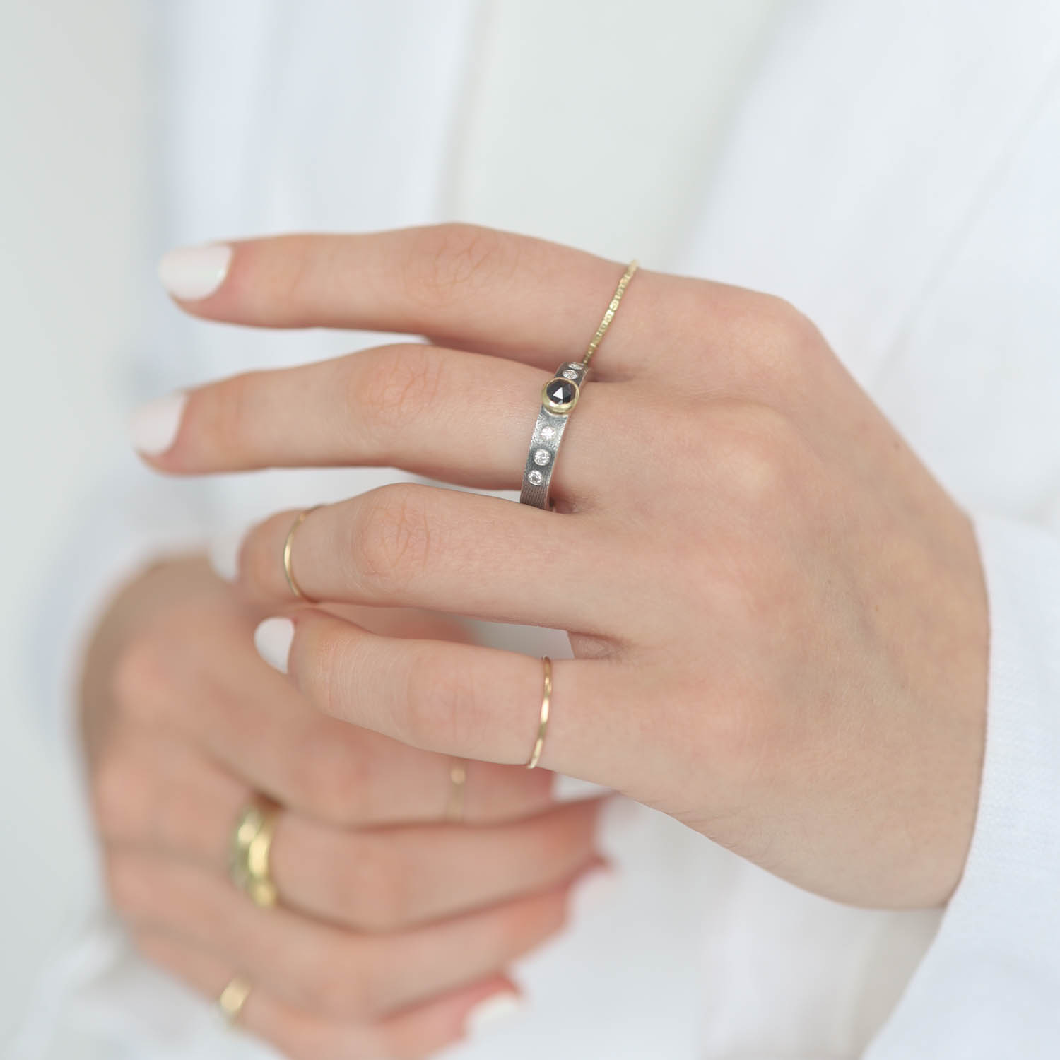 Rene Escobar Trunk show:RING IN SILVER 18K YG WHITE AND BK DIAMOND .015CT WHITE 0.35CT BK