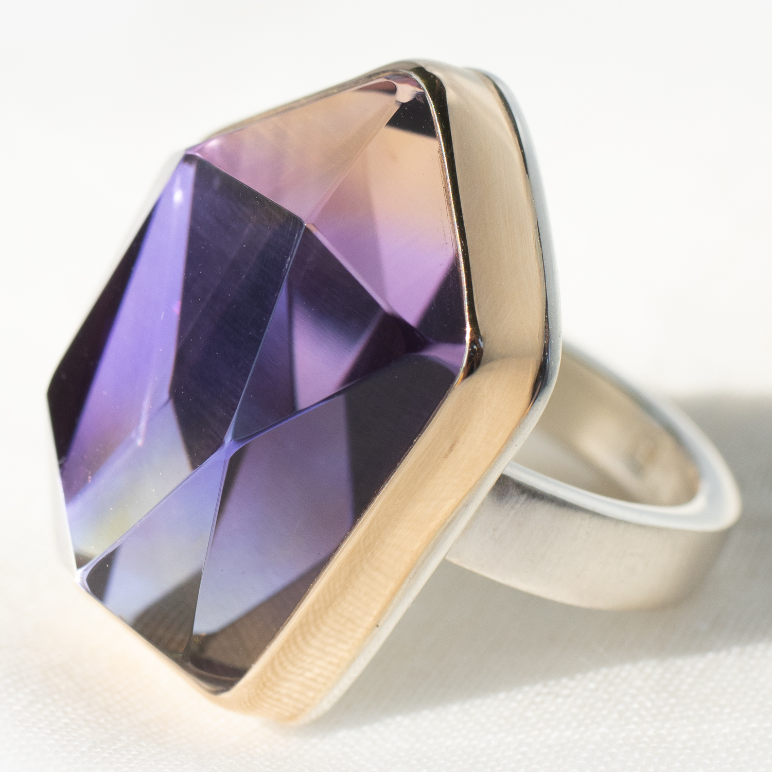 Jamie Joseph: Sterling & 14K Gold Ring w/ Vertical Asymmetrical Faceted AMETRINE on Y Band