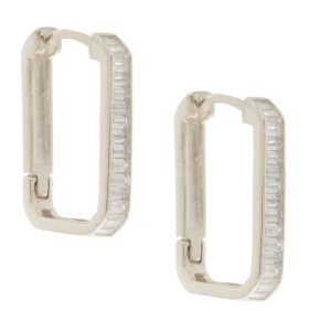 Tai: Earring, Sterling Silver Huggie with Rectangle Clear CZ