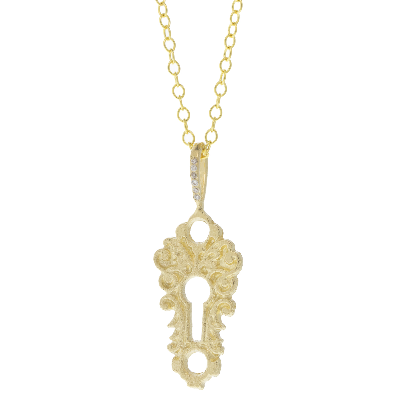 Acanthus : Necklace, Scroll Key Plate Pendant, 16/18", 14k YG
