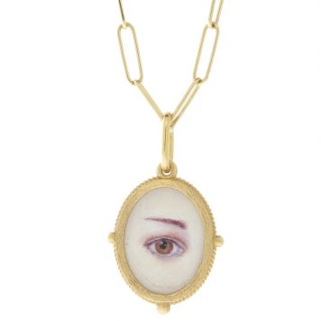 Erica Molinari: Charm,Small Oval Hand Painted vitreous enamel Lover's Eye,Brown enamel with flower on the back,18k