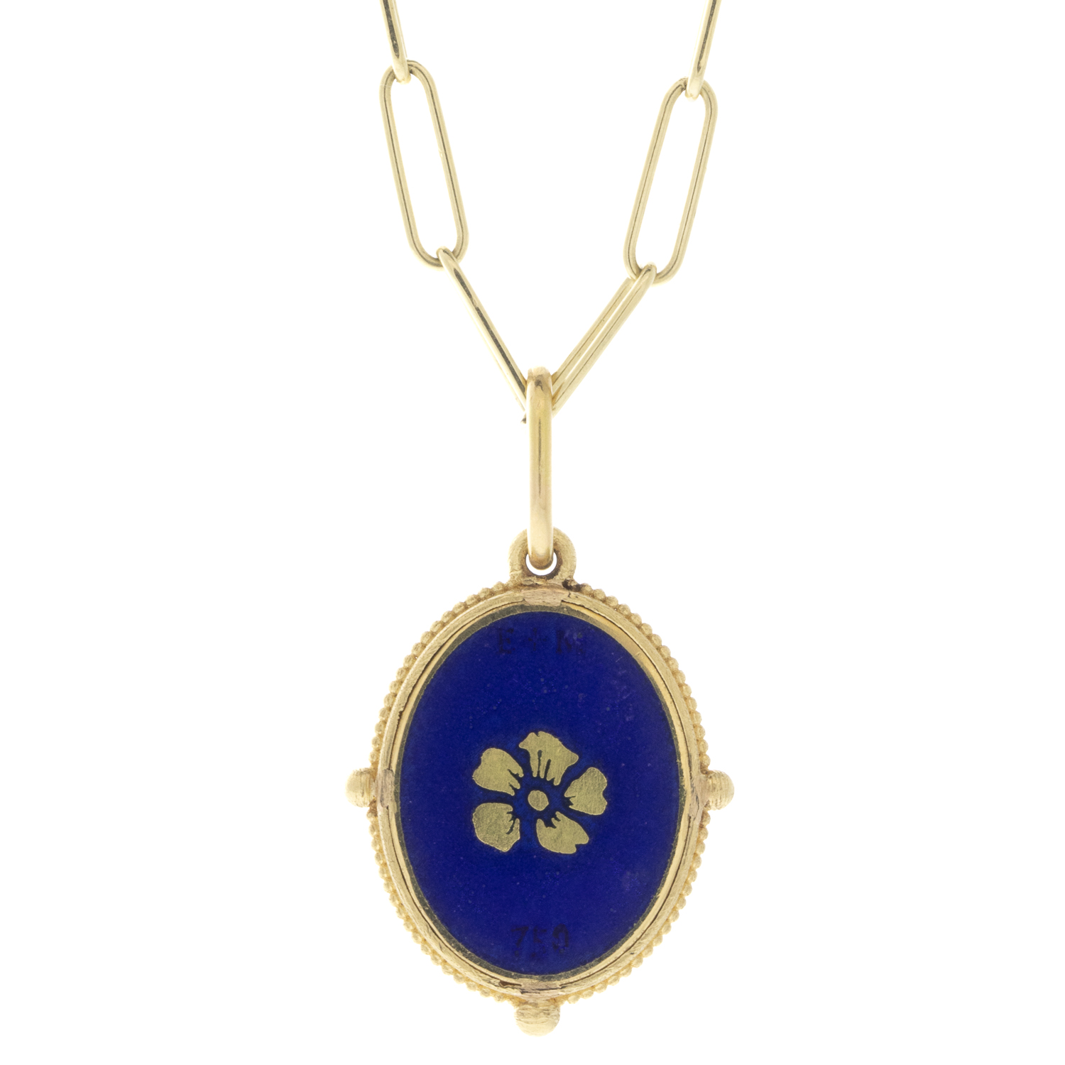 Erica Molinari: Charm,Small Oval Hand Painted vitreous enamel Lover's Eye,Brown enamel with flower on the back,18k