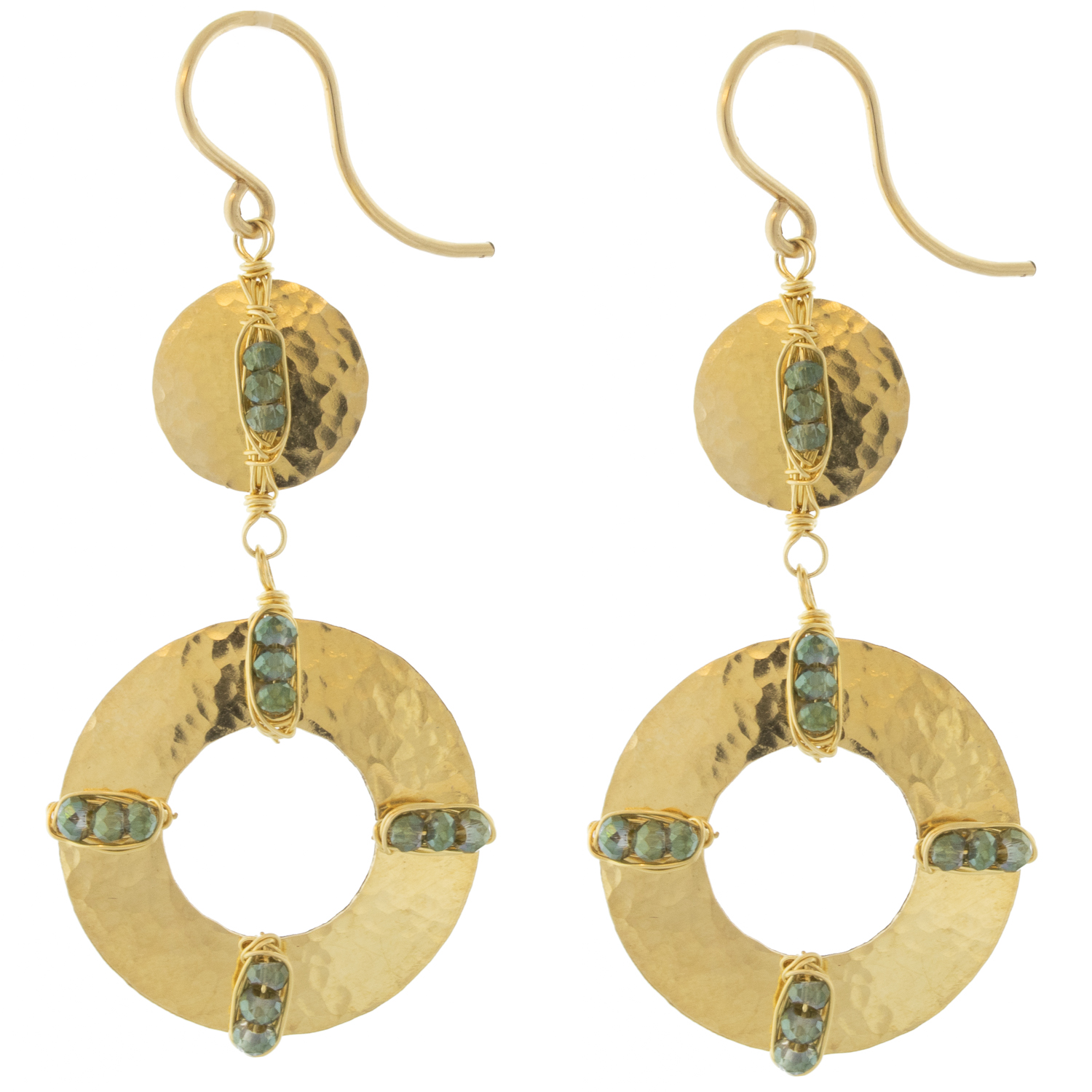 Dana Kellin:Earrings,Gold fill,Forest mix round disc, measure 2" x 13/16" including earwire