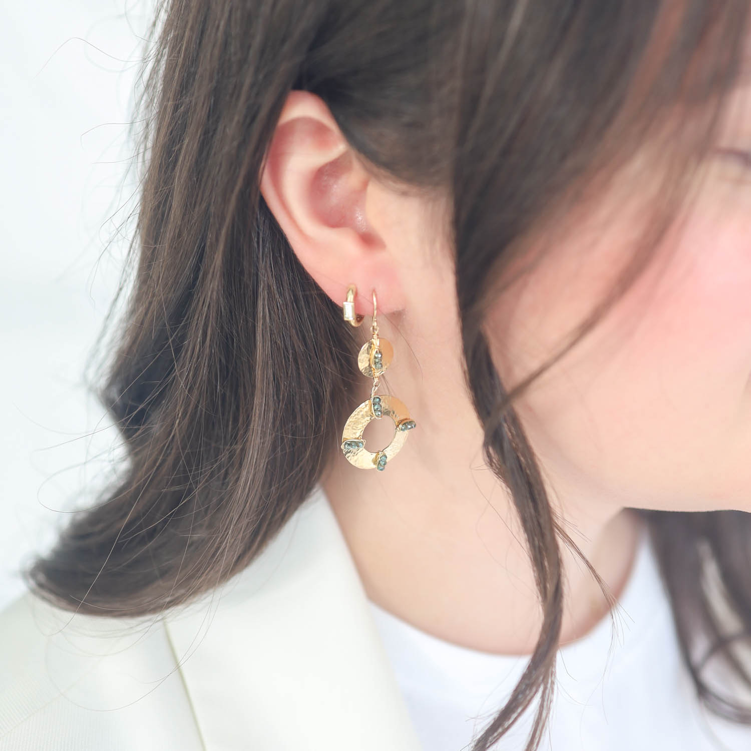 Dana Kellin:Earrings,Gold fill,Forest mix round disc, measure 2" x 13/16" including earwire