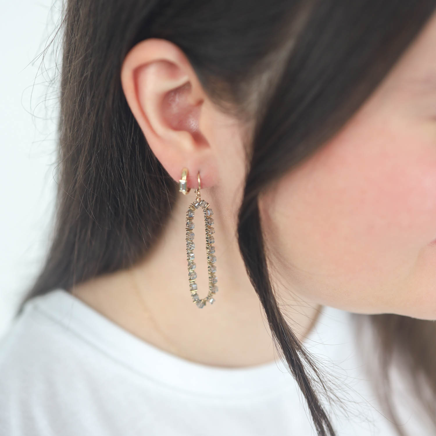 Dana Kellin : Earrings,Long open rectangle,Crystals,Gold fill