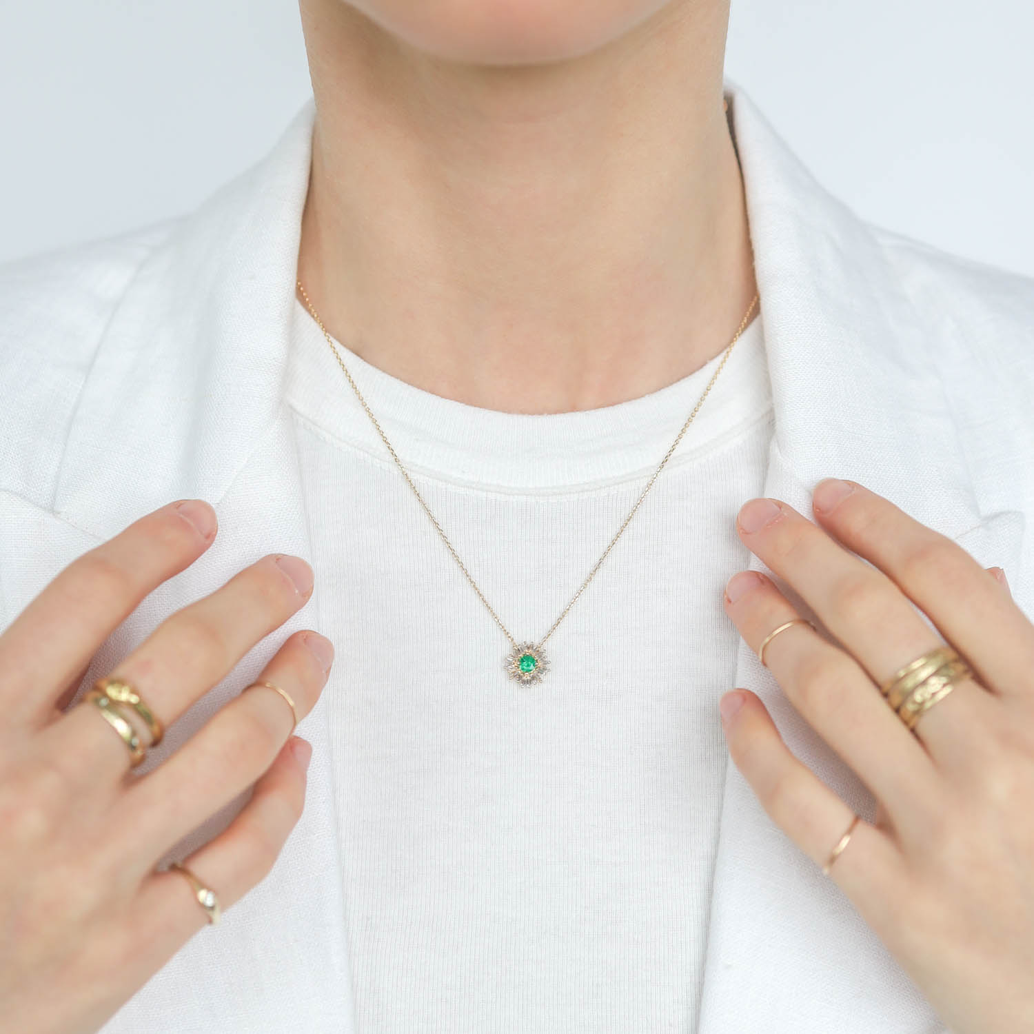 Suzanne Kalan: 18K YG OOAK Emerald Necklace, 4mm .55ct Center Emerald, .3ct white diamond baguettes, 21 total stones, 16-18", Pendant 7/16" x 7/16"