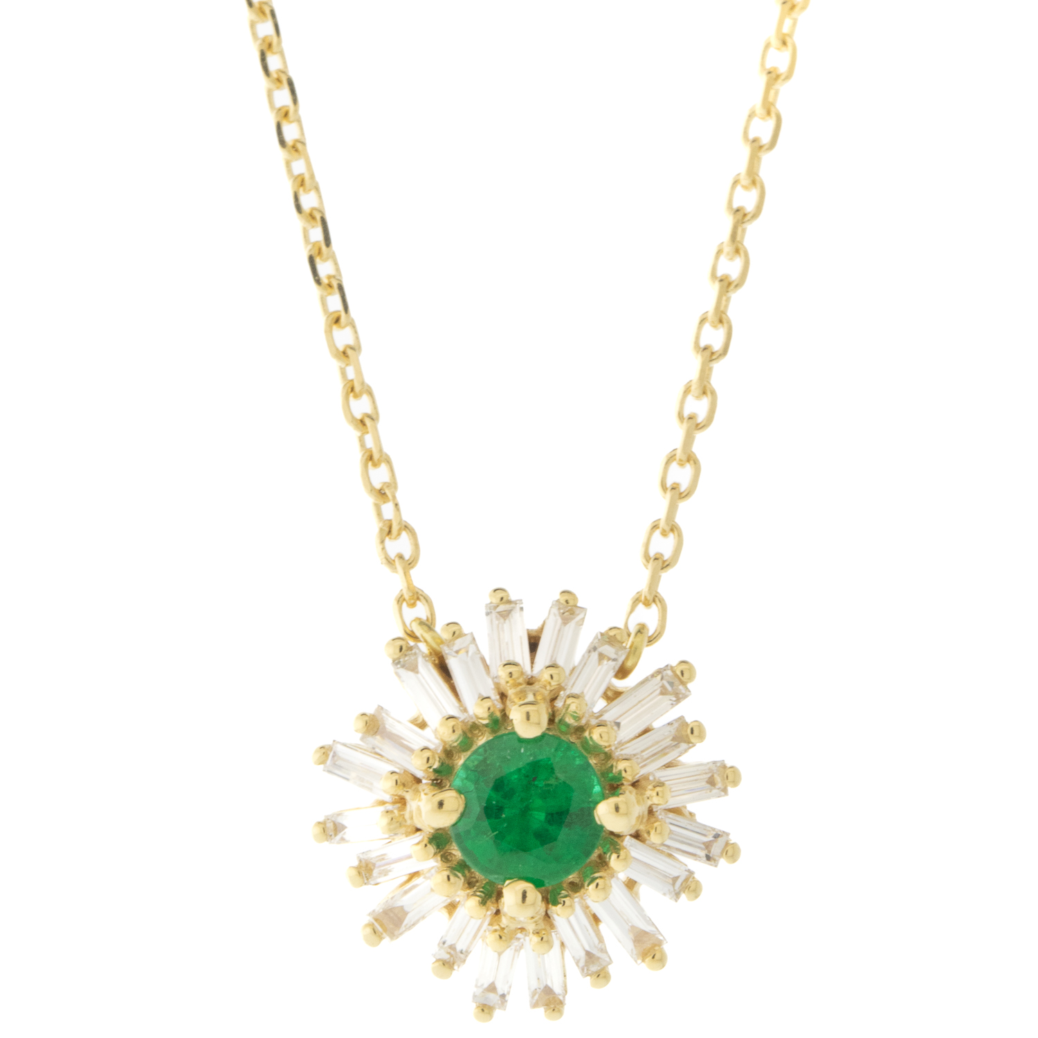 Suzanne Kalan: 18K YG OOAK Emerald Necklace, 4mm .55ct Center Emerald, .3ct white diamond baguettes, 21 total stones, 16-18", Pendant 7/16" x 7/16"