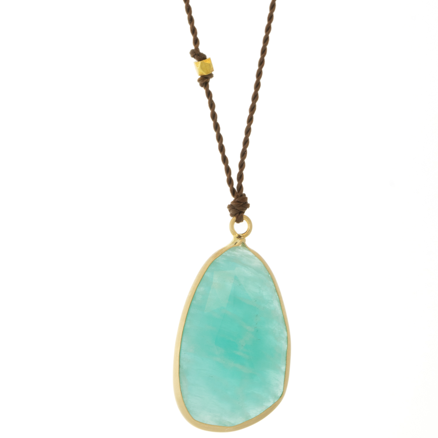 Margaret Solow: Necklace, Amazonite, 14K yellow gold, Dark Nylon cord