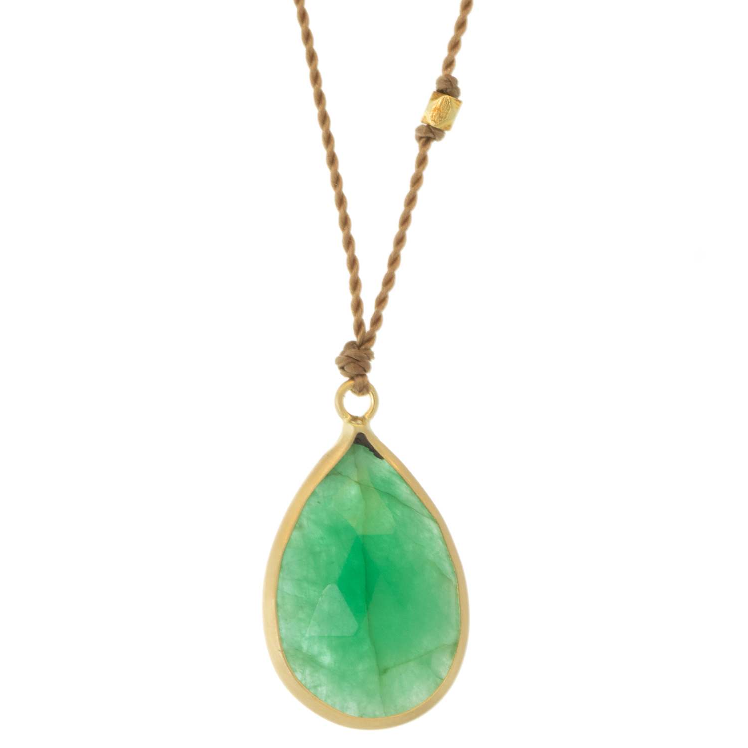 Margaret Solow: Necklace, Emerald, 14K yellow gold, Nylon cord